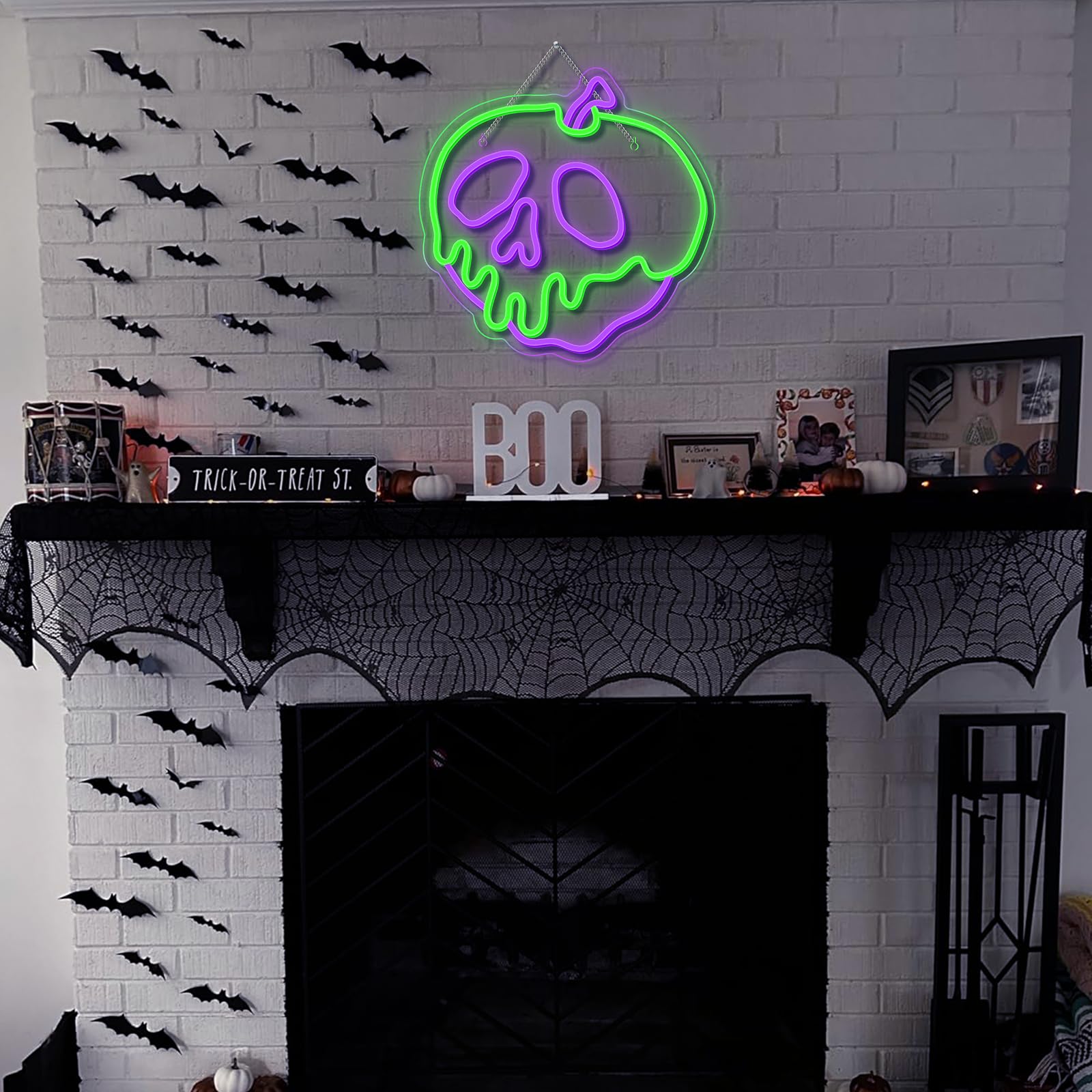 WLHOPE Halloween Neon Sign, Dimmable Skull Apple Light, 12.6in x 12.6in, USB Powered, Acrylic Wall Decor for Bedroom Bar Party