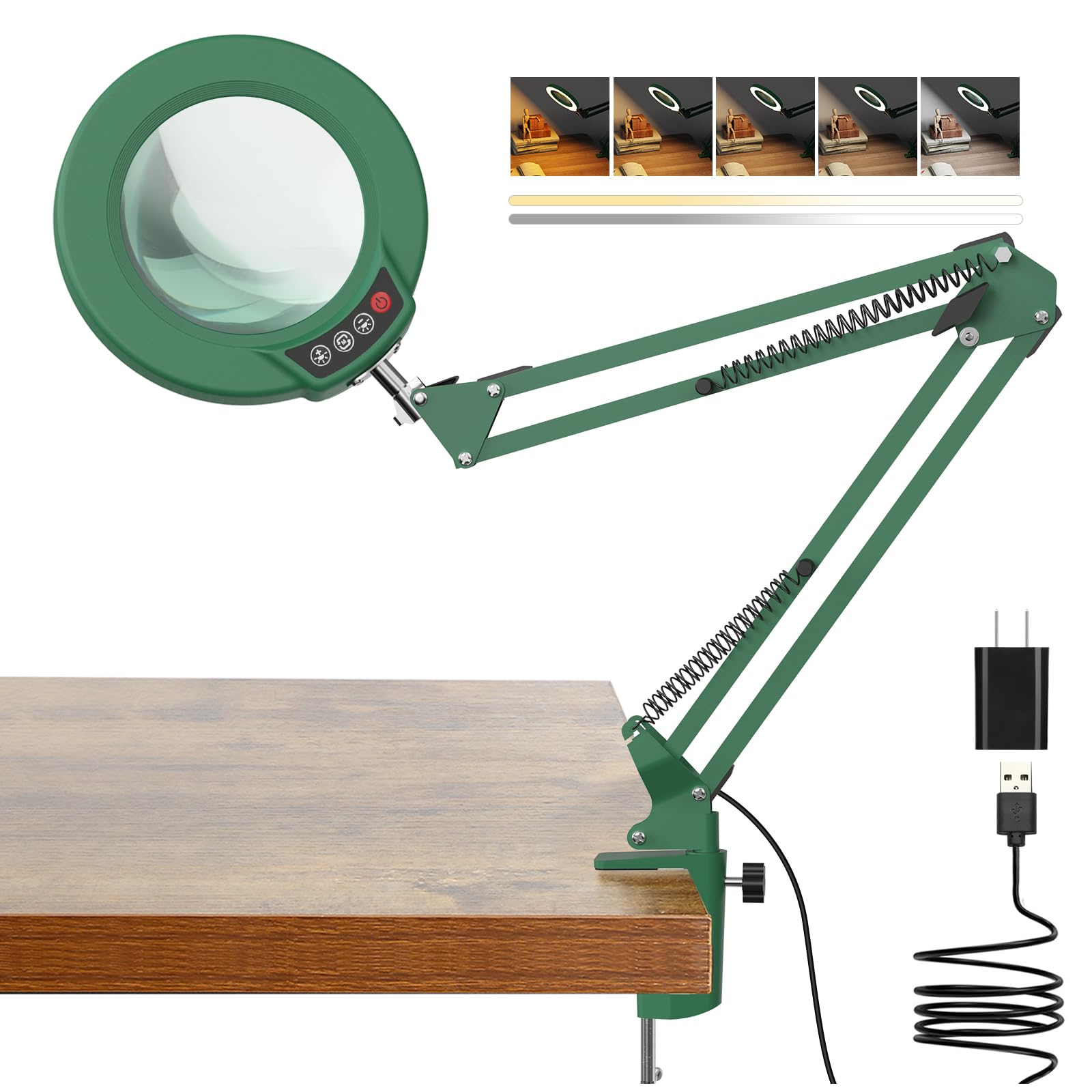 Coyeth 10X Magnifying Glass Desk Lamp with Light, Metal, Green, Stepless Dimmable LED, Hands-Free Clamp for Crafts and Reading