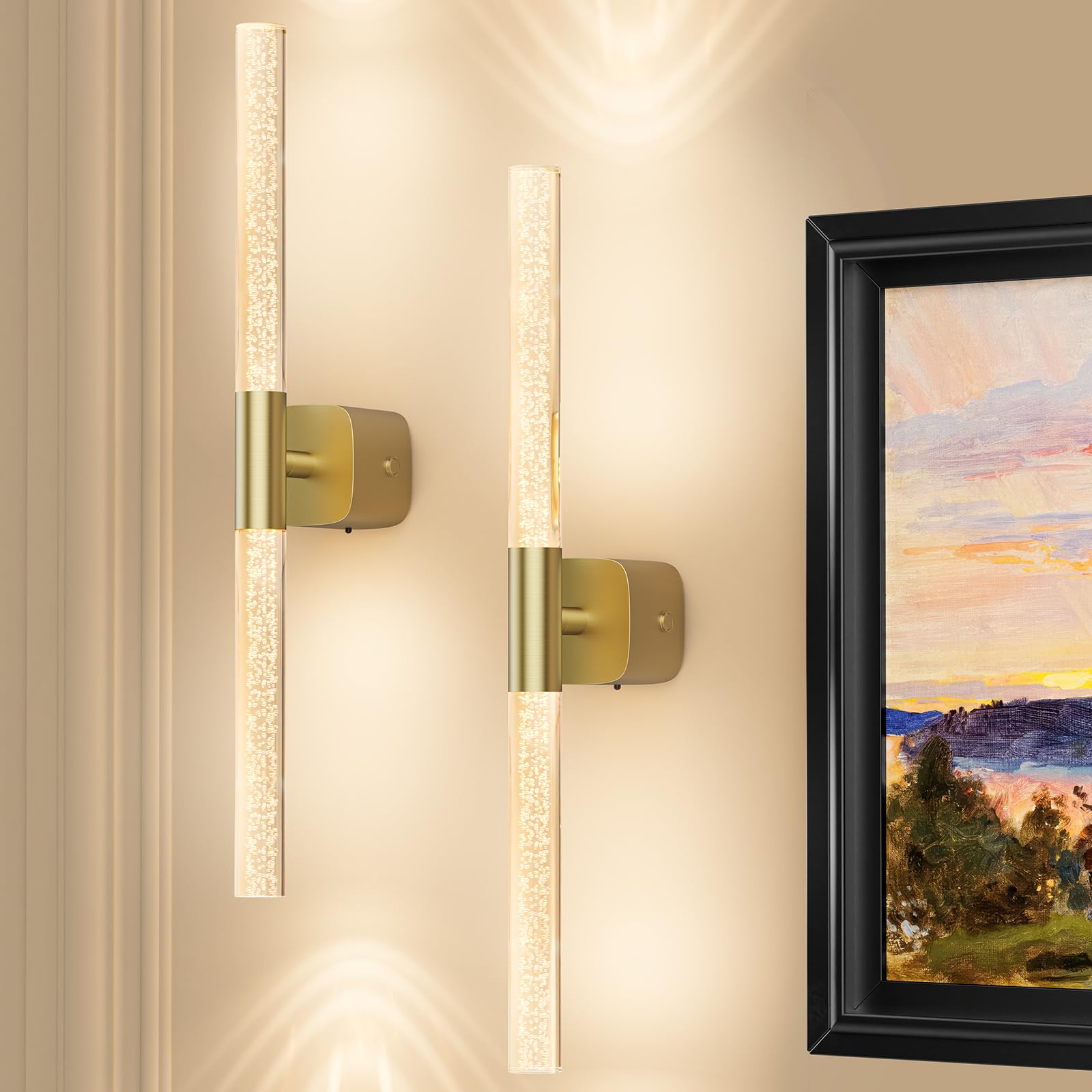 Eclipterra Battery Operated Wall Sconce Set of 2 Brushed Gold 12000mAh Rechargeable Wall Light with Crystal Acrylic 24 Wireless CCT Dimmable 350Rotate Remote Wall Lamp for Bedroom Living Room