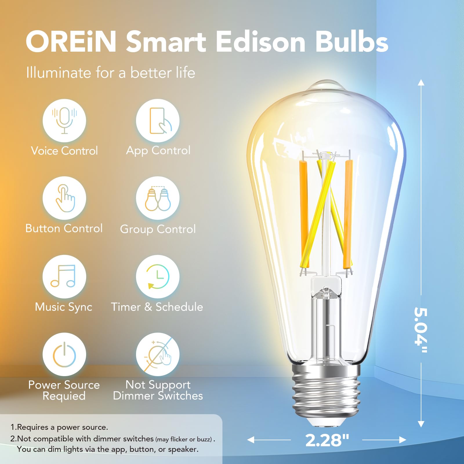 Orein Smart Edison Light Bulbs, 2.4 Ghz Wi-Fi St19(58) Vintage Light Bulbs E26, 800Lm Dimmable Via App, 2700-6500K Tunable, Smar