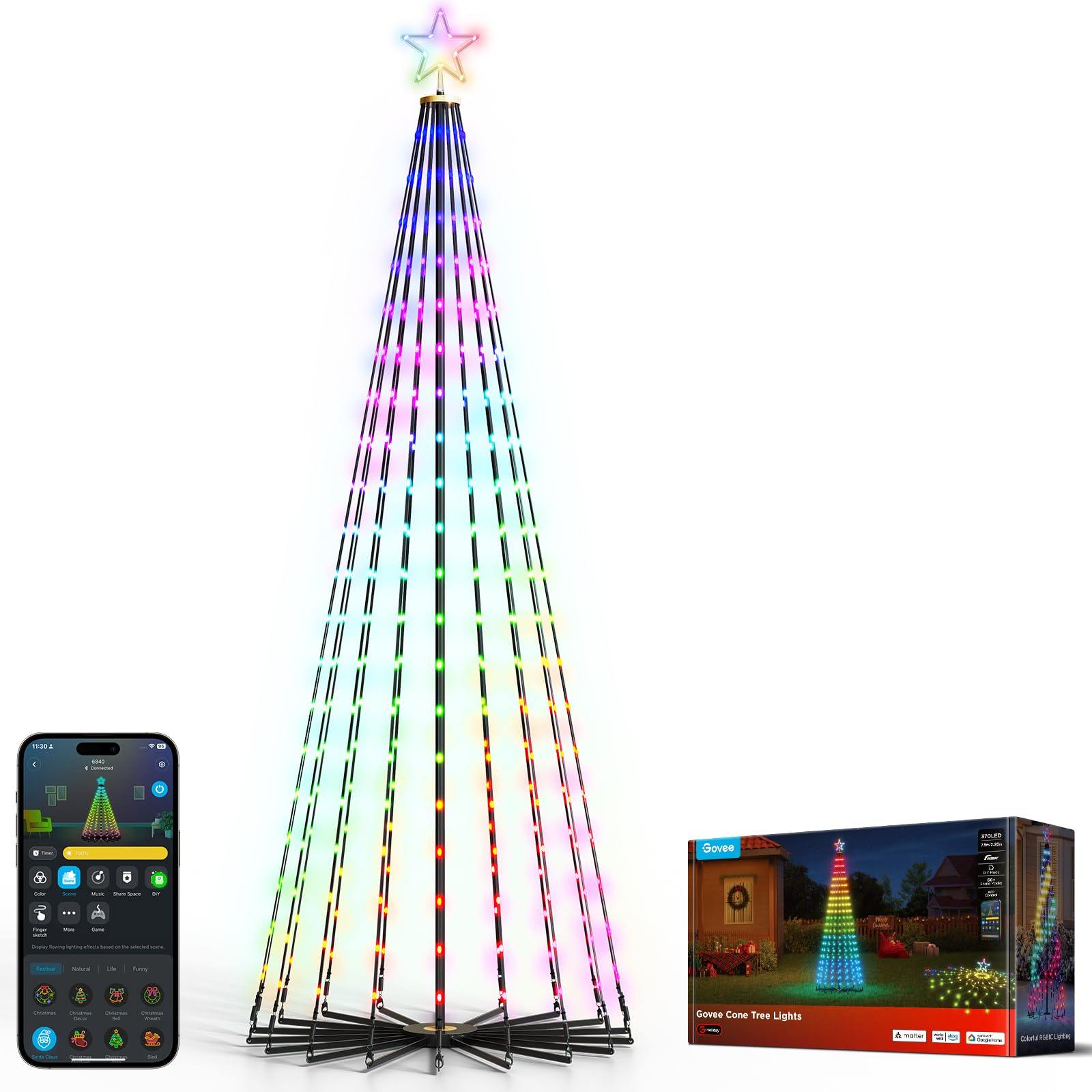 Govee Christmas Cone Tree Lights, 7.5ft, 370 LEDs, RGBIC, IP67 Waterproof, Smart App Control, Model H6841, Black
