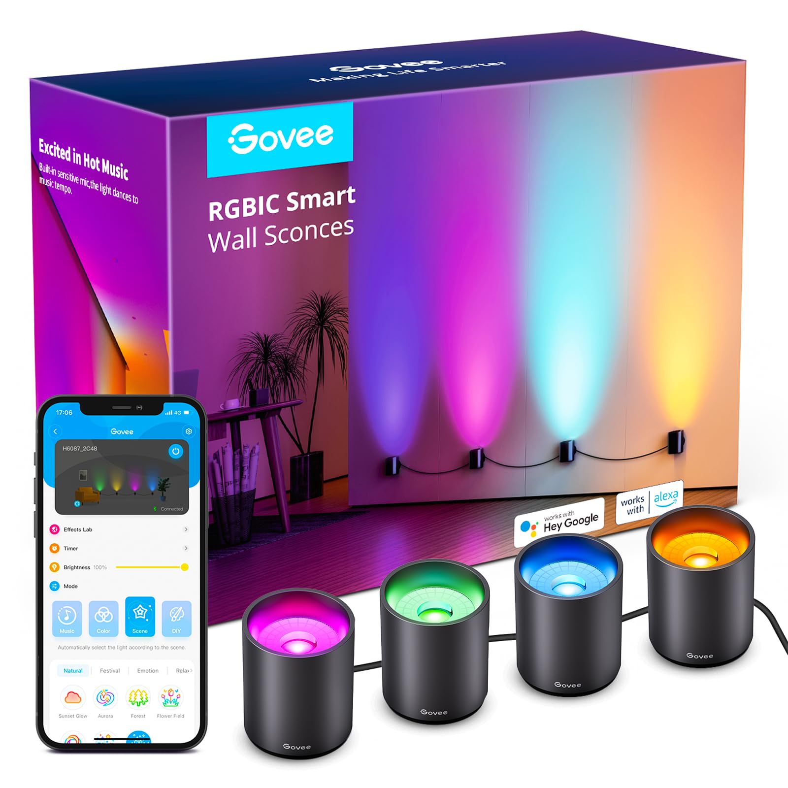 Govee RGBICWW Smart Wall Sconces, Music Sync Home Decor WiFi Wall Lights Work with Alexa, Multicolor Wall Led Light for Party an