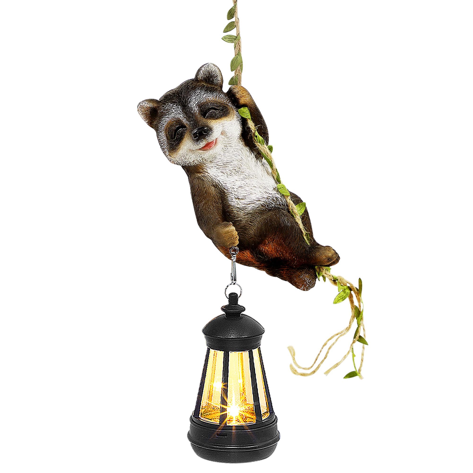 ZaaYee Solar Hanging Raccoon Statue, Outdoor Resin Animal Figurine with LED Lights for Garden, Fence, Porch, Patio, Yard Decor, 