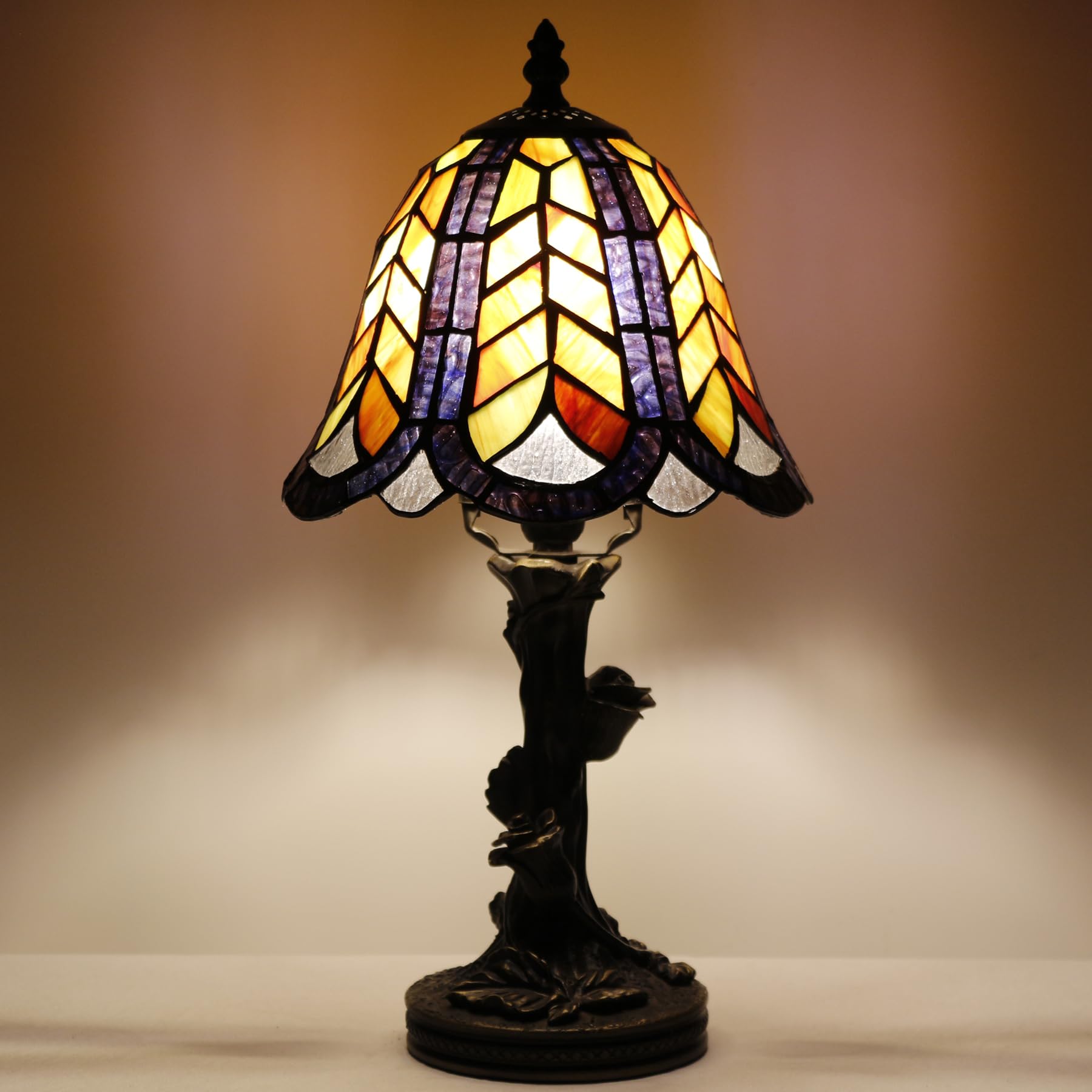 Avivadirect Small Tiffany Lamp Mini Purple Maple Leaf Stained Glass Table Lamp Desk Light 8X8X15.5 Inches With Resin Flower Bas