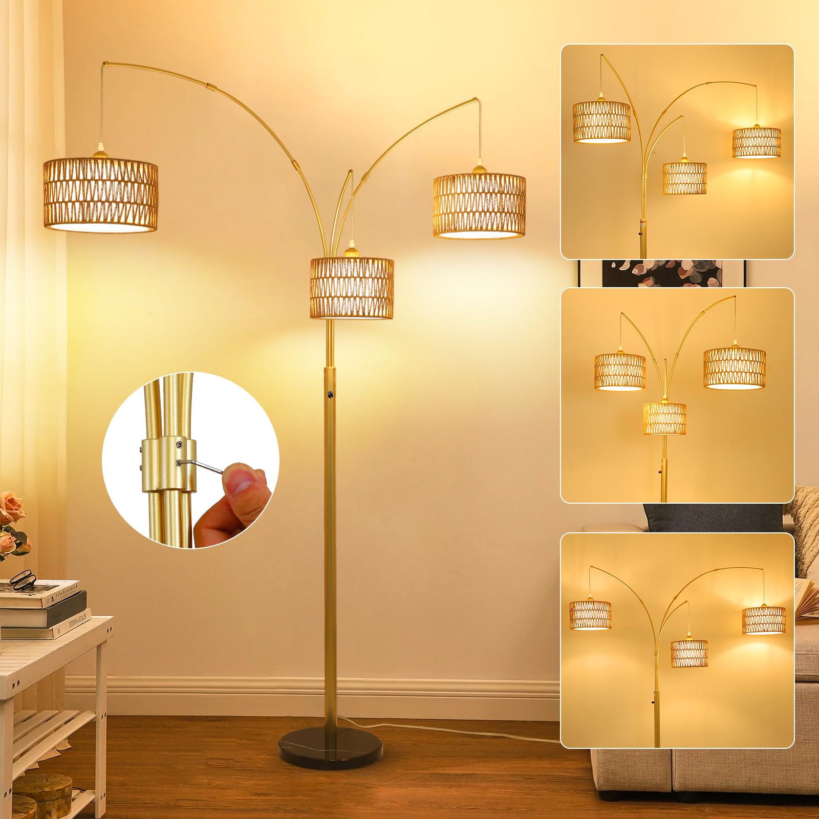 Modern Gold Floor Lamp For Bedroom, Arc Standing Lamp For Living Room, Dimmable Boho Rattan Tall Lamp, Farmhouse Floor Lamps For