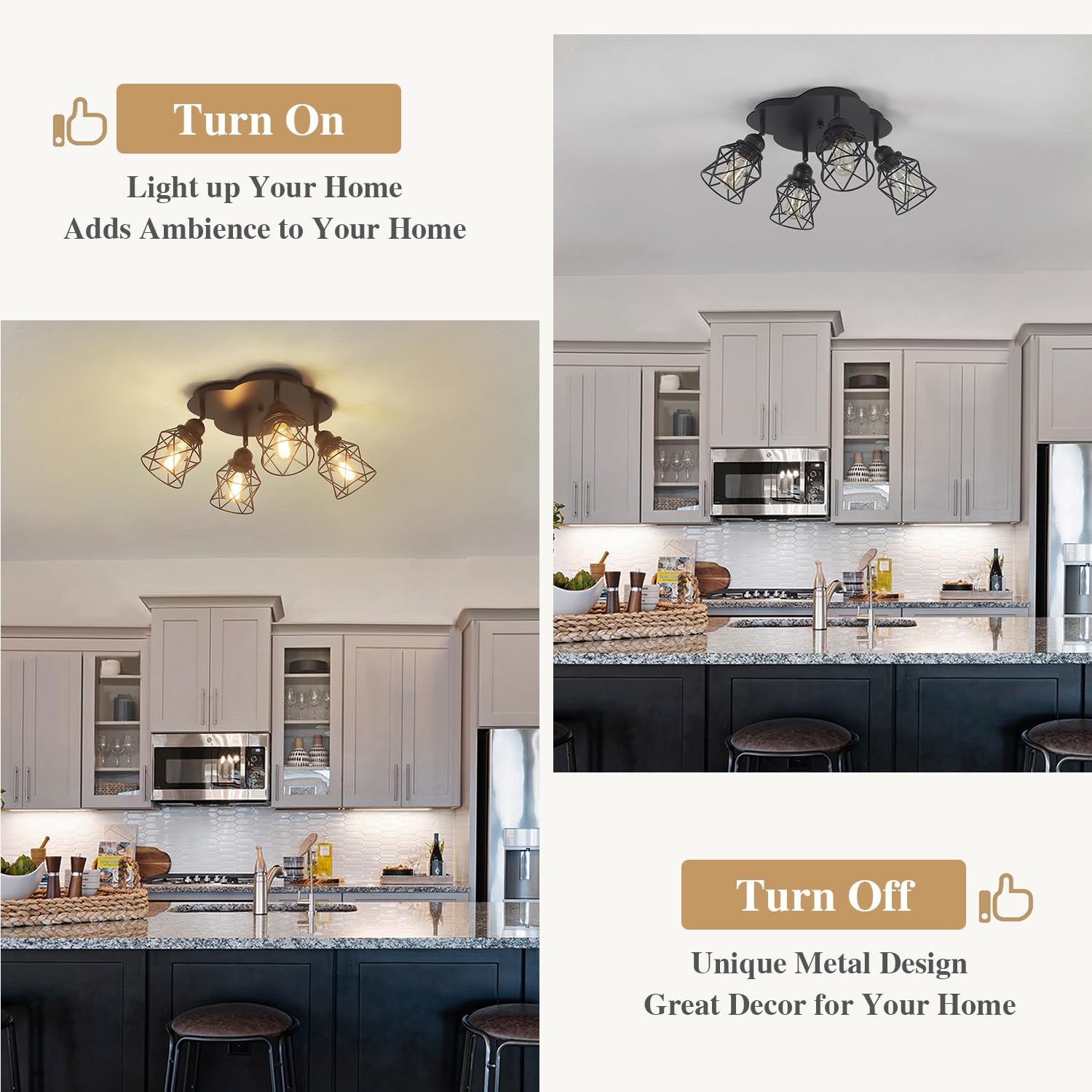 4-Lights Kitchen Light Fixtures Ceiling Mount, Adjustable Multi-Directional Black Flush Mount Ceiling Light Fixture, Vintage Met