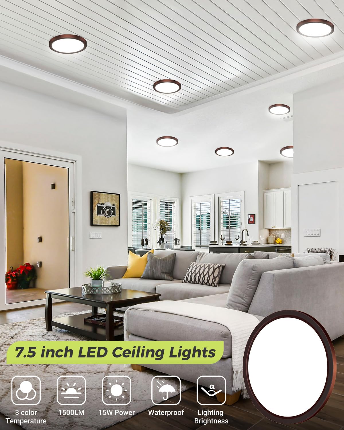 hepside LED Flush Mount Ceiling Light, 3CCT 3000K-4000K-6500K, 15W 1500Lm, 7.5 Inch, Oil