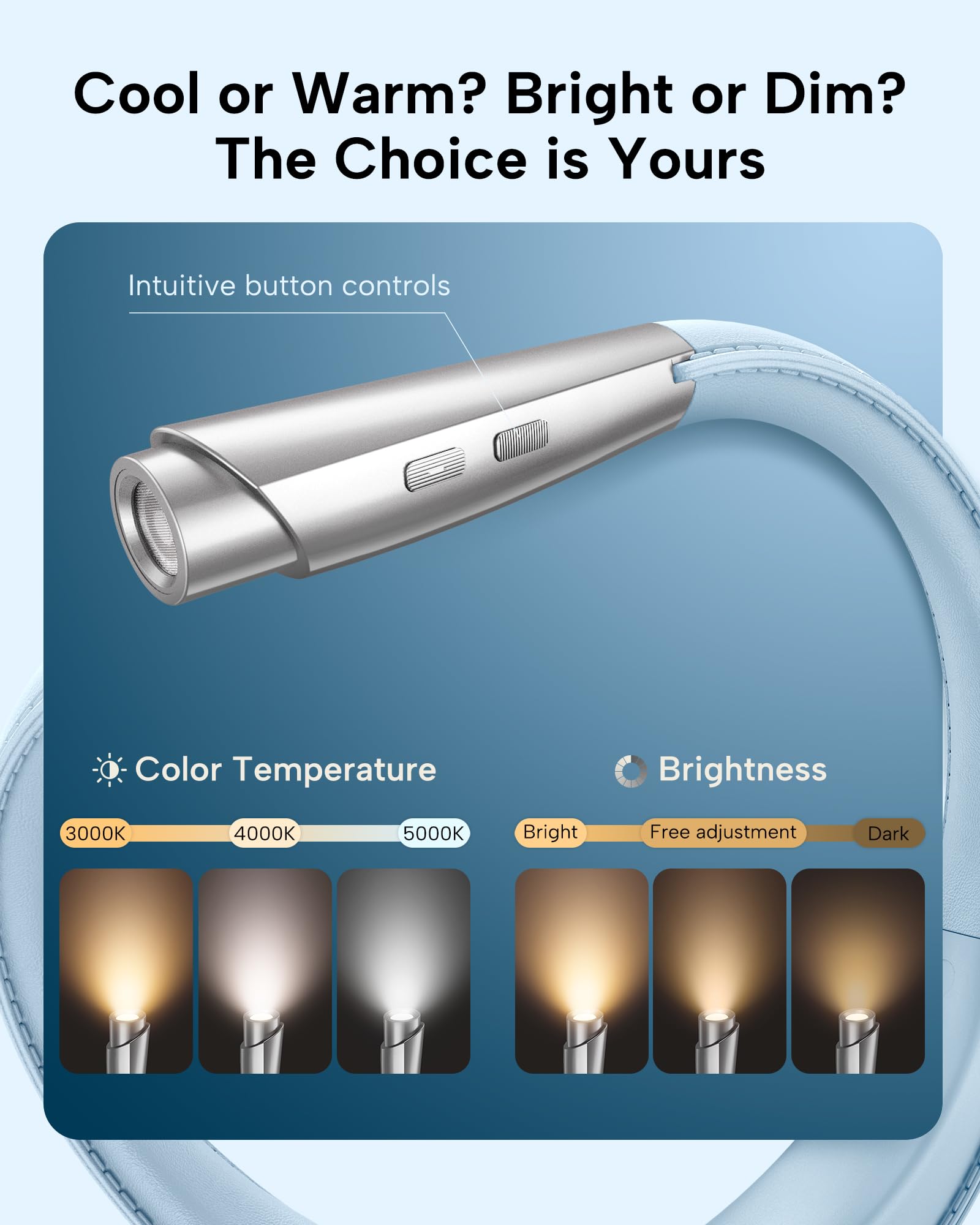 enclize LED Neck Reading Light - 9 Brightness Levels, Lightweight Design, Light Blue, Model SE-Es04, Perfect for Reading, Knitting, Camping