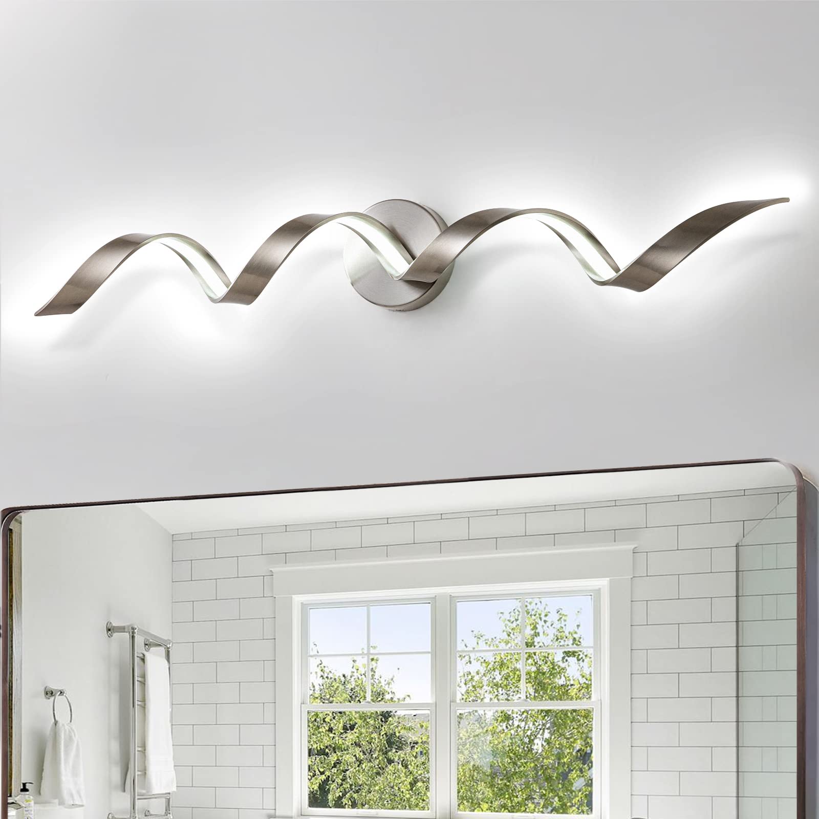 Huoku 32" Dimmable Led Bathroom Vanity Light, 20W Spiral Design, Brushed Nickel, 6000K