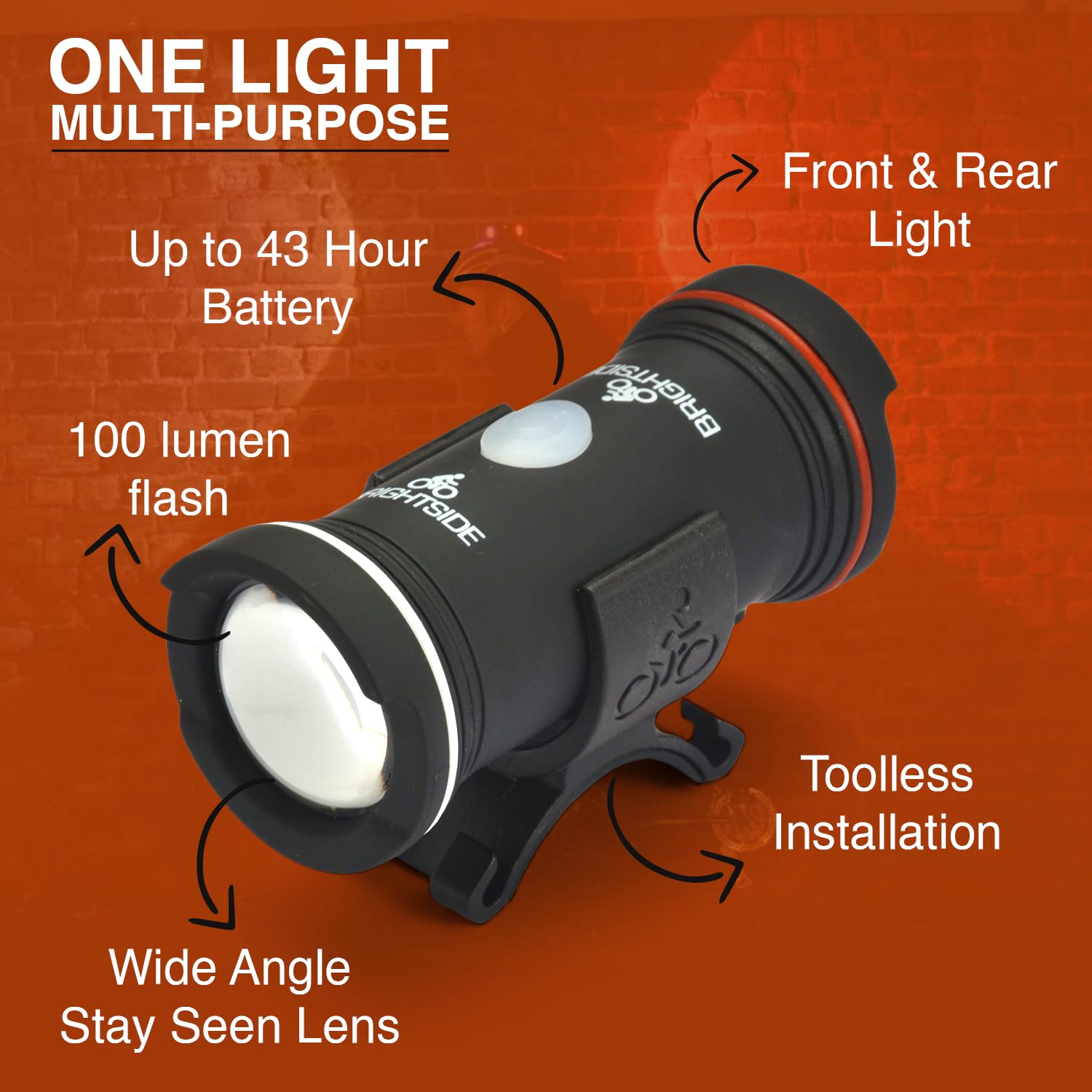 Brightside Bike Helmet Light - 2 in 1 Front & Rear Light, Waterproof, Rechargeable, 43 Hour Runtime, Red/White, Model TS01, Fits Most Helmets