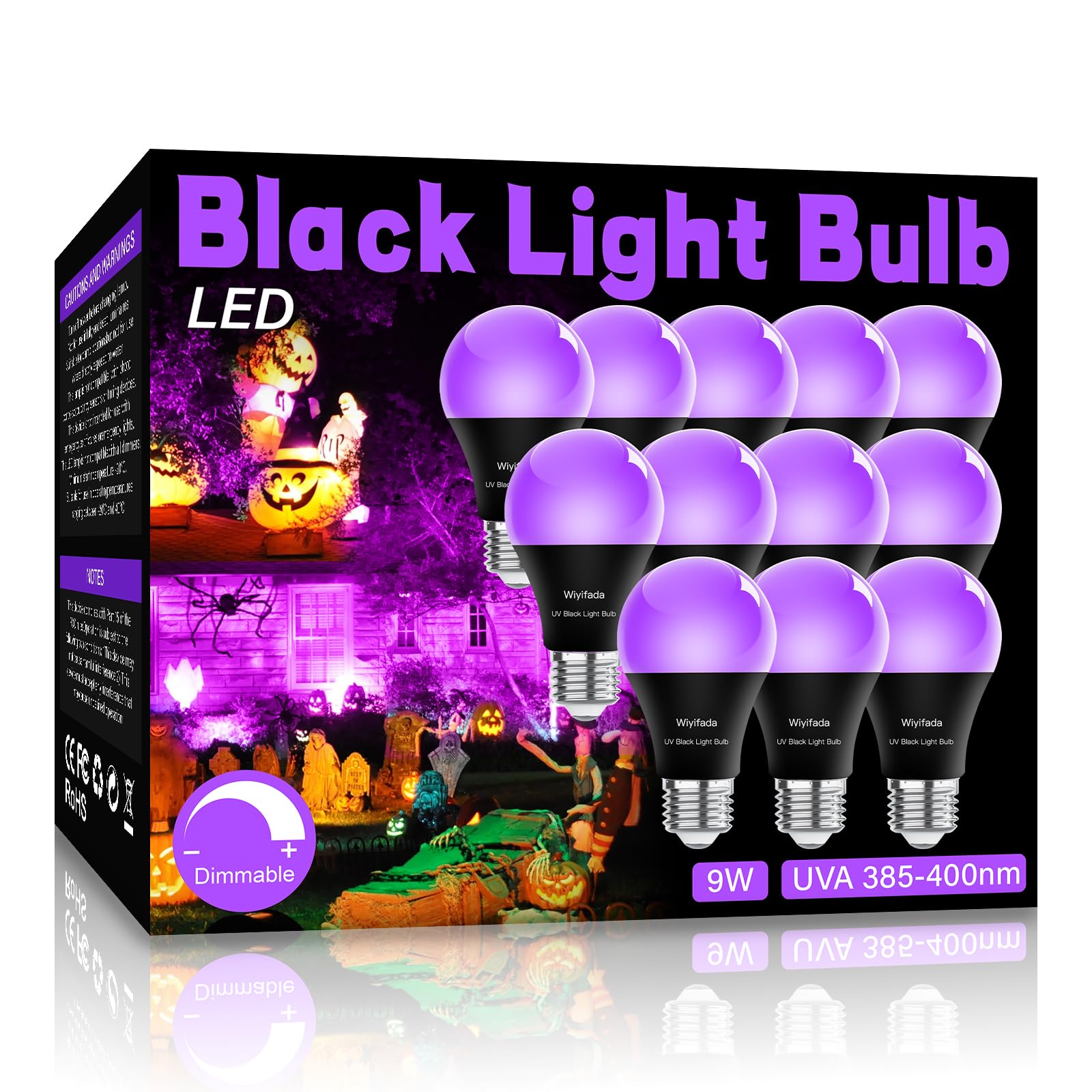 Wiyifada 12 Pack Led Black Light Bulbs, 9W A19 Uva 385-400Nm For Parties & Halloween