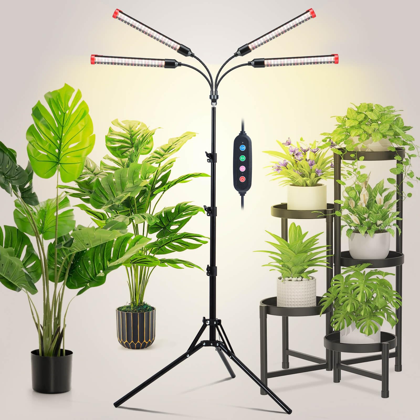 JINHONGTO Grow Light with Stand and Timer 4 8 12 Hr  36 Watt Standing Tall Plant Light for Bonsai Tree  Seed Starting  24-64 Adjustable Tripod Stand Plant Growing Lamps