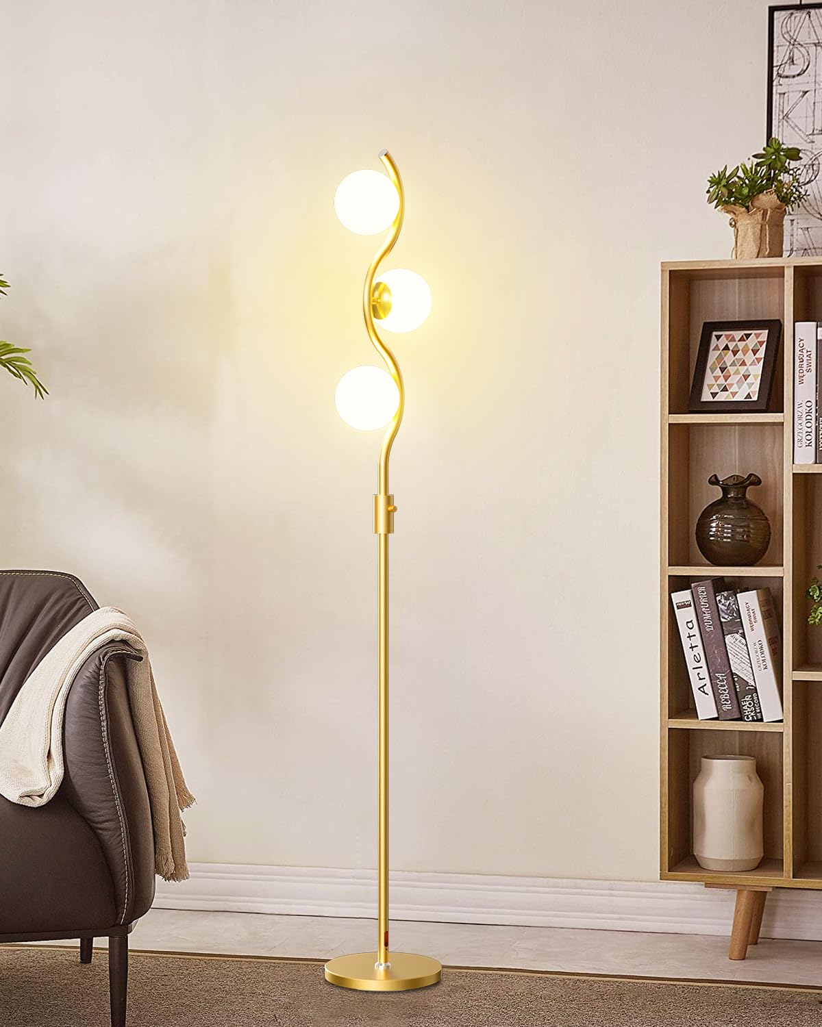 Lightdot 60IN Dimmable Gold Floor Lamp, Mid Century Metal Design, 3 Globe Warm White Bulbs, Model YRFLL-E26XX-26