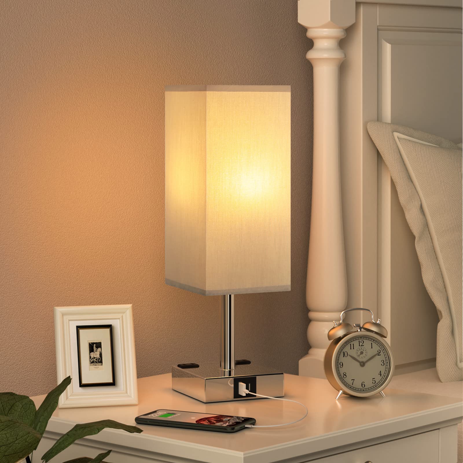 aooshine Bedside Table Lamp Touch Control with USB C+A, Dual AC Outlets, 14in Gray & Silver, Linen Shade, LED Dimmable Bulb Included
