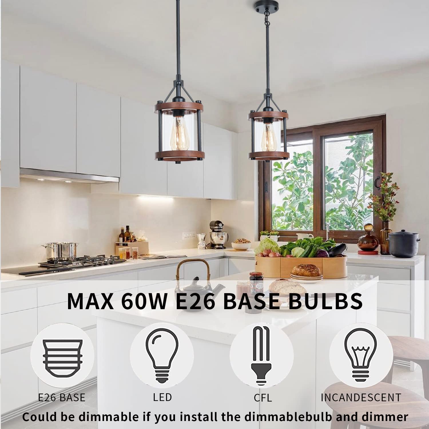 Farmhouse Pendant Light In Wood And Metal Cage, Rustic Brown Wood Pendant Light With Glass, Adjustable Hanging Light Fixtures, Mini Pendant Lighting For Kitchen Island, Hallway, Foyer, 1 Pack