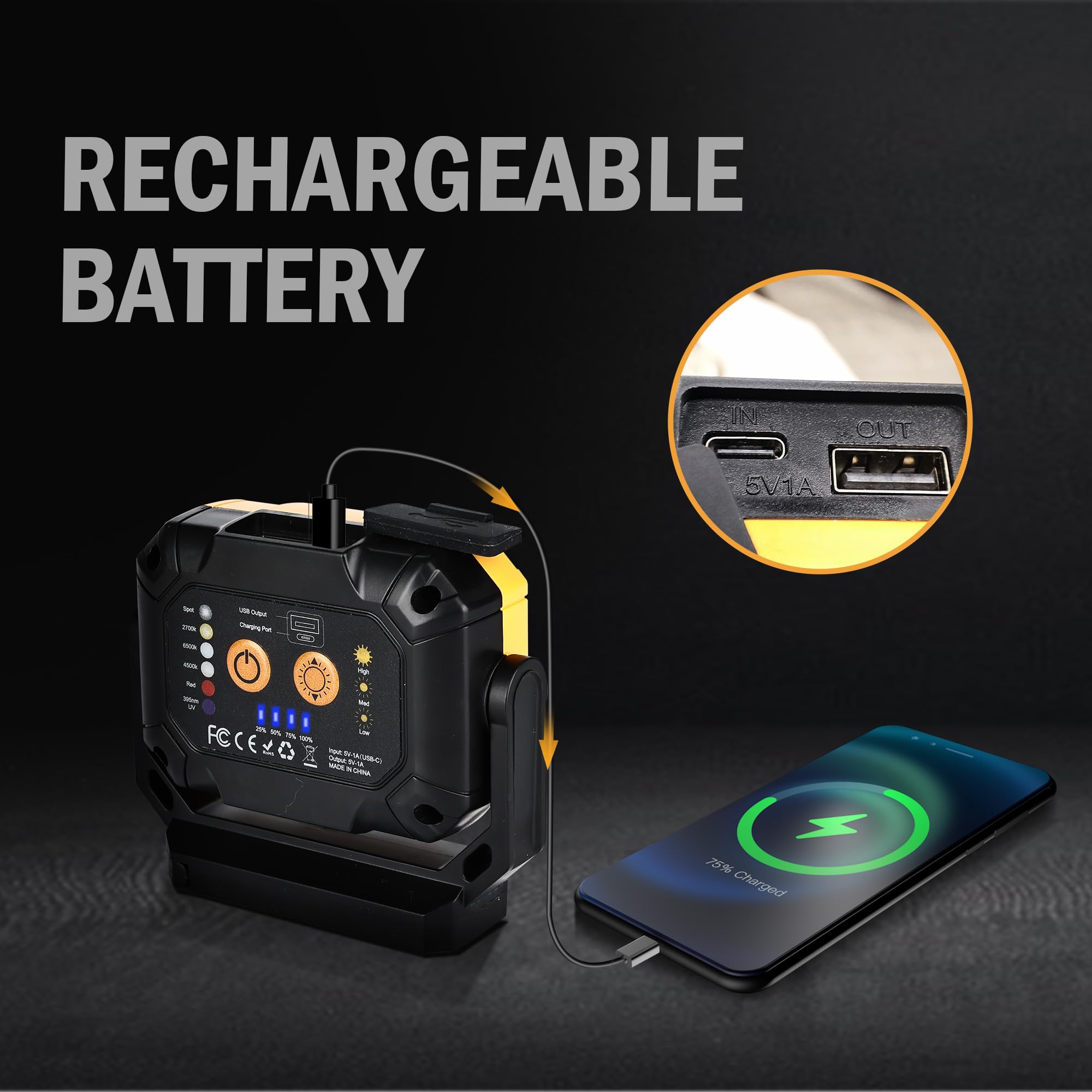 Unibrite Magnetic Work Light, 1200Lm Cob Led Rechargeable Work Light With 15 Lighting Modes, 360°Rotatable Flood Lights For Car Repairing, Job Site Lighting Emergency Outdoor Camping Hiking