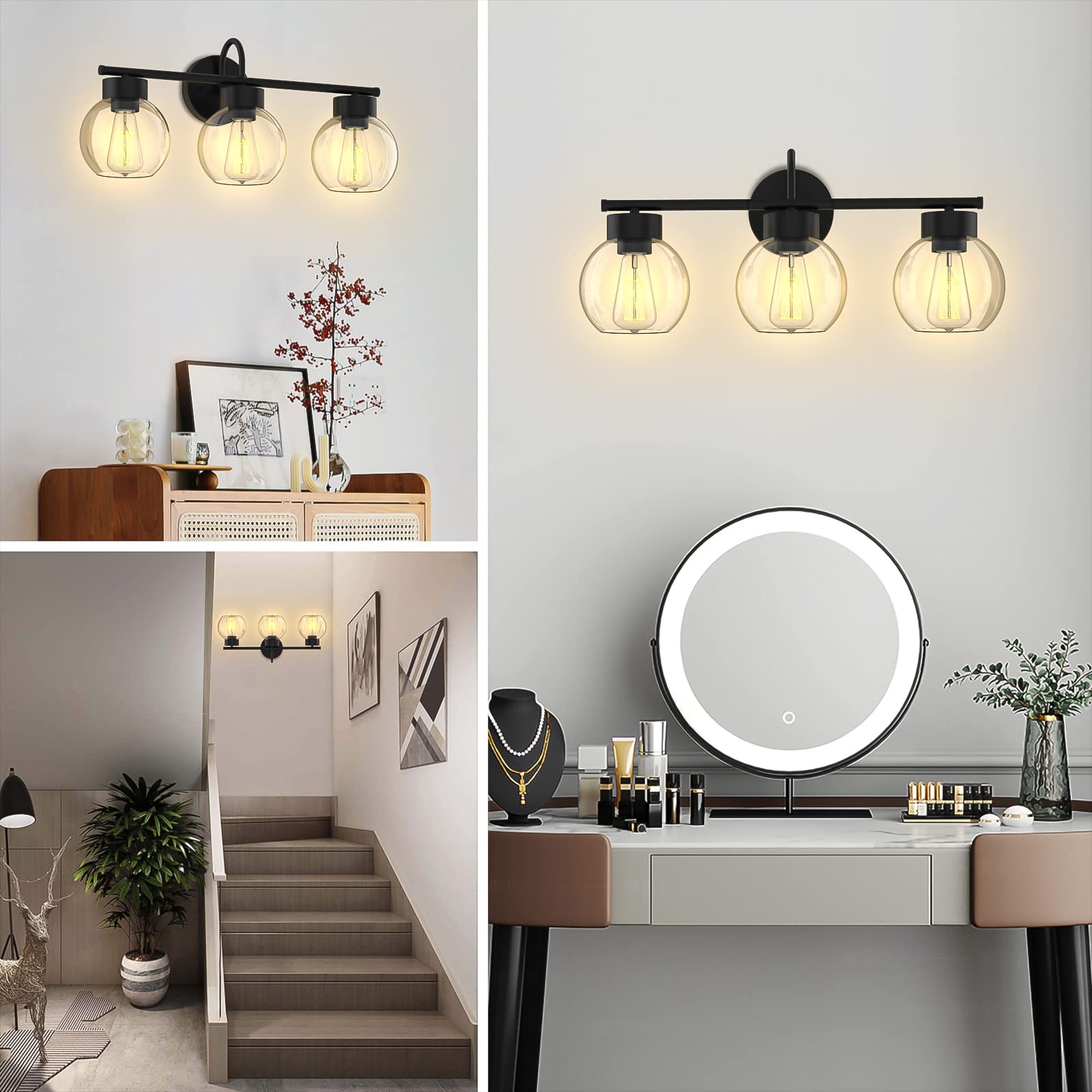 EAPUDUN Vanity Light Fixture, 3 Light, Matte Black, Aluminum, Clear Glass Shades, Industrial Style for Bathroom Over Mirror