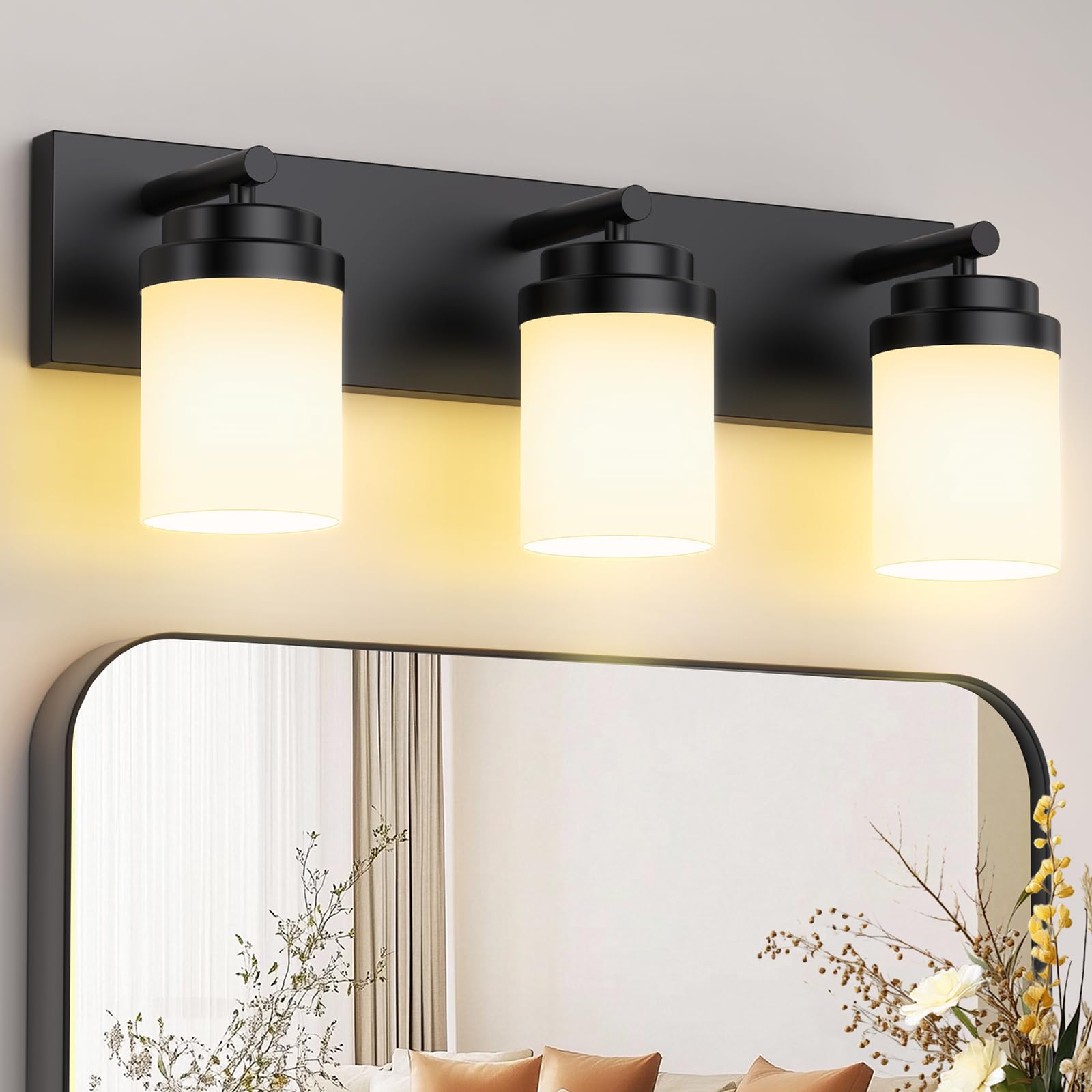 Izorro Bathroom Vanity Light Fixture  3-Light 22 Inch Matte Black Bathroom Light Fixtures Over Mirror  With White Glass Shade  Modern Farmhouse Vanity Lights  Rustic Restroom Lighting Fixtures