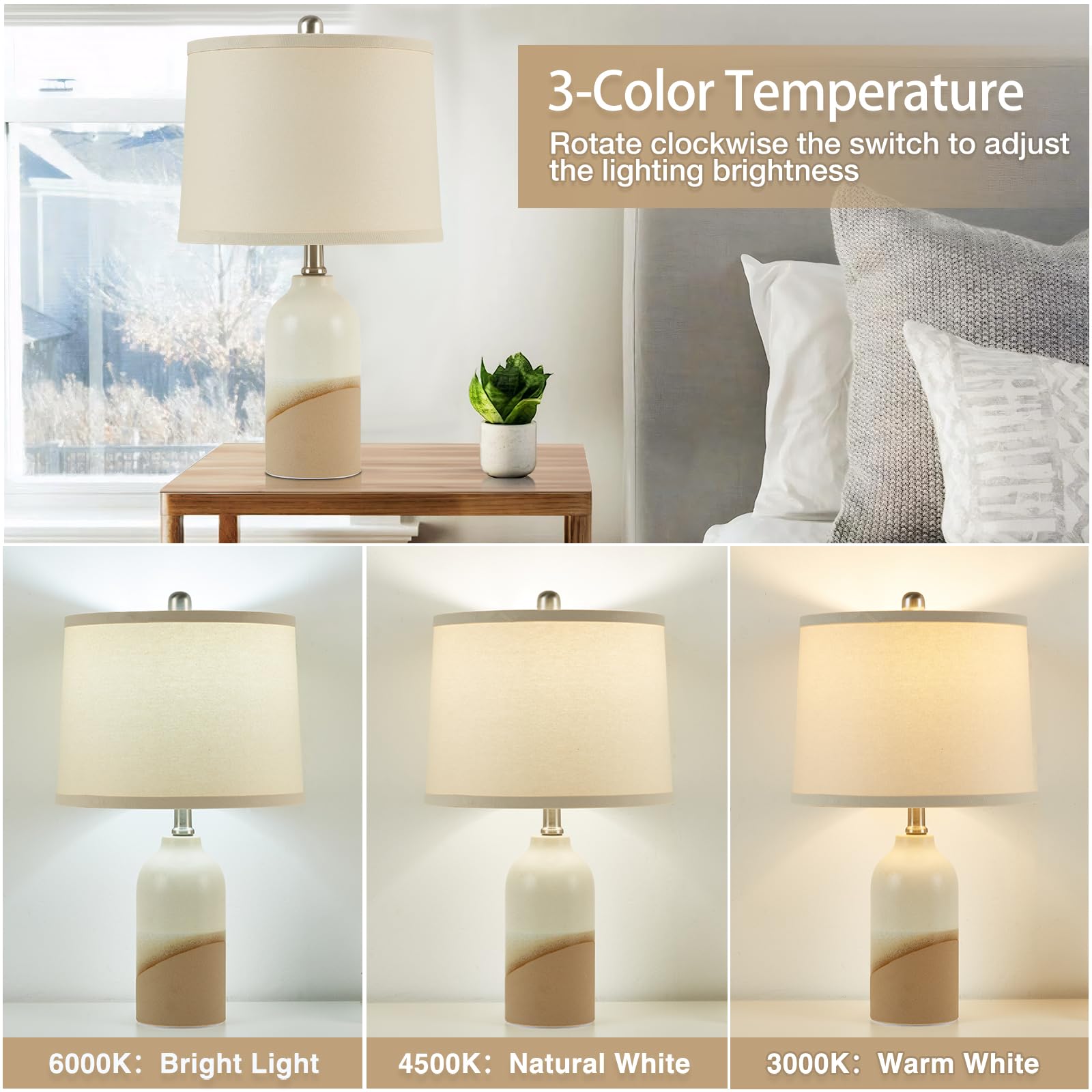 Luvkczc Ceramic Table Lamp Set Of 2, 3-Color Temperature Adjustable Bedside Lamps With Line Lampshade, Nightstand Lamps For Bedr
