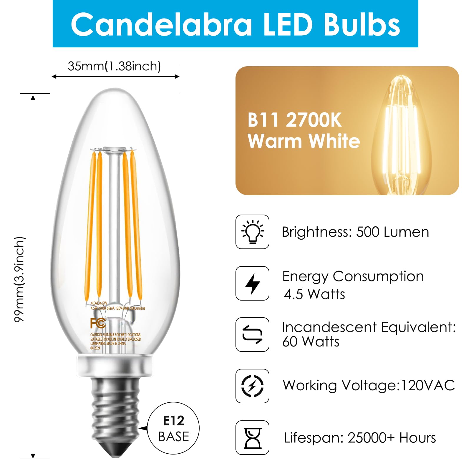 VOLIVO Dimmable E12 LED Candelabra Bulbs 2700K Warm White 4.5W B11 12 Pack Clear Glass