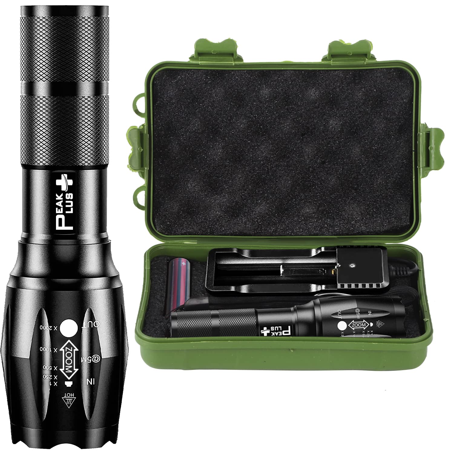 PeakPlus Rechargeable Tactical Flashlight LFX1000 - High Lumens, Zoomable, 5 Modes, Water Resistant, Small, Black, Aluminum