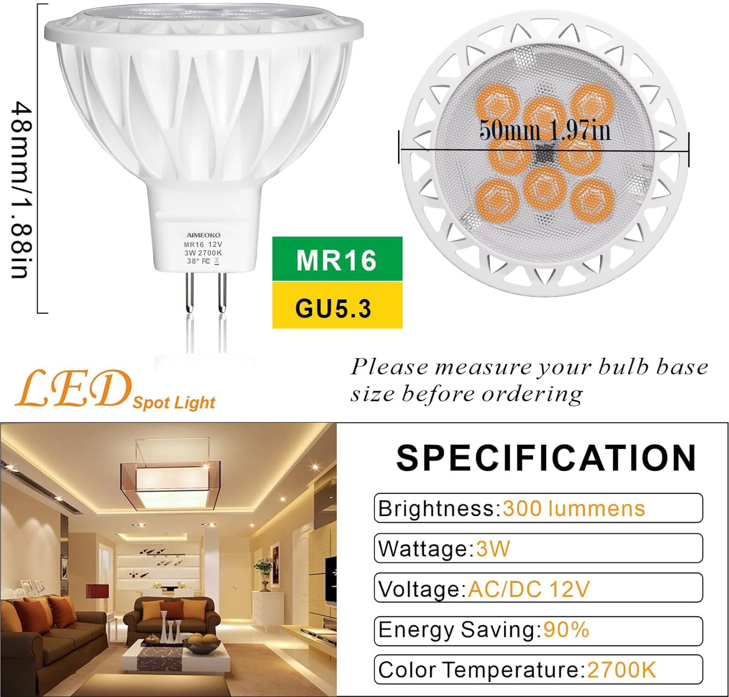 AIMEOKO MR16 LED Bulb 5W GU5.3 Base 12V Spotlight 6 Pack, Red Light