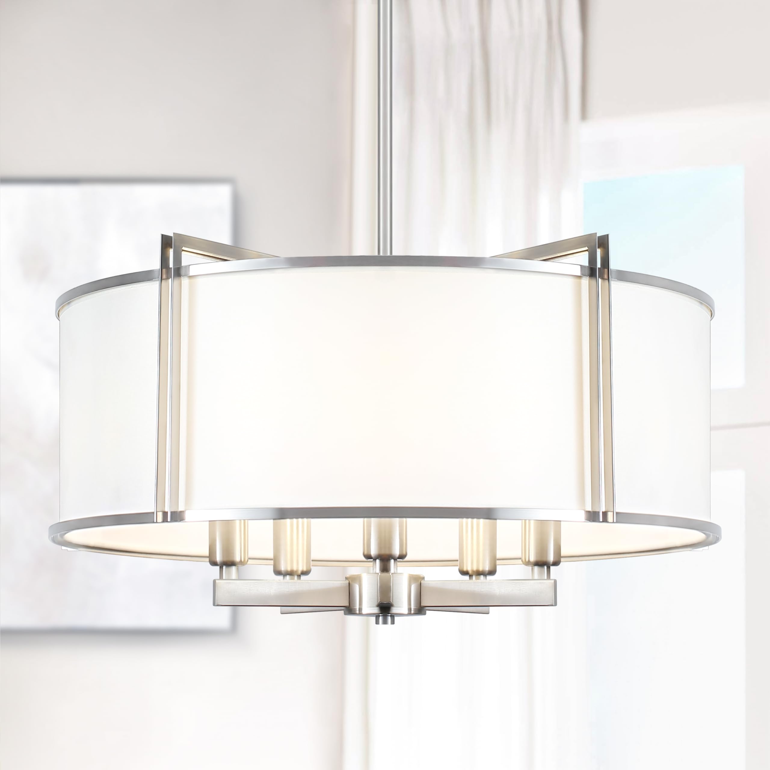 Cwarmozy 19.6''Drum Chandelier 5-Light Brushed Nickel Modern White Fabric Chandeliers For Dining Room Adjustable Farmhouse Penda