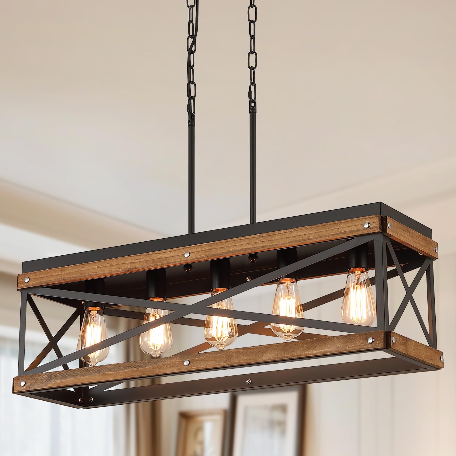 Rustic Farmhouse Wood Kitchen Island Lighting  5 Lights Rectangular Pendant Light Fixture  Adjustable Chain Oak Wood And Metal Linear Chandelier For Dining Room Kitchen Island Farmhouse  Black