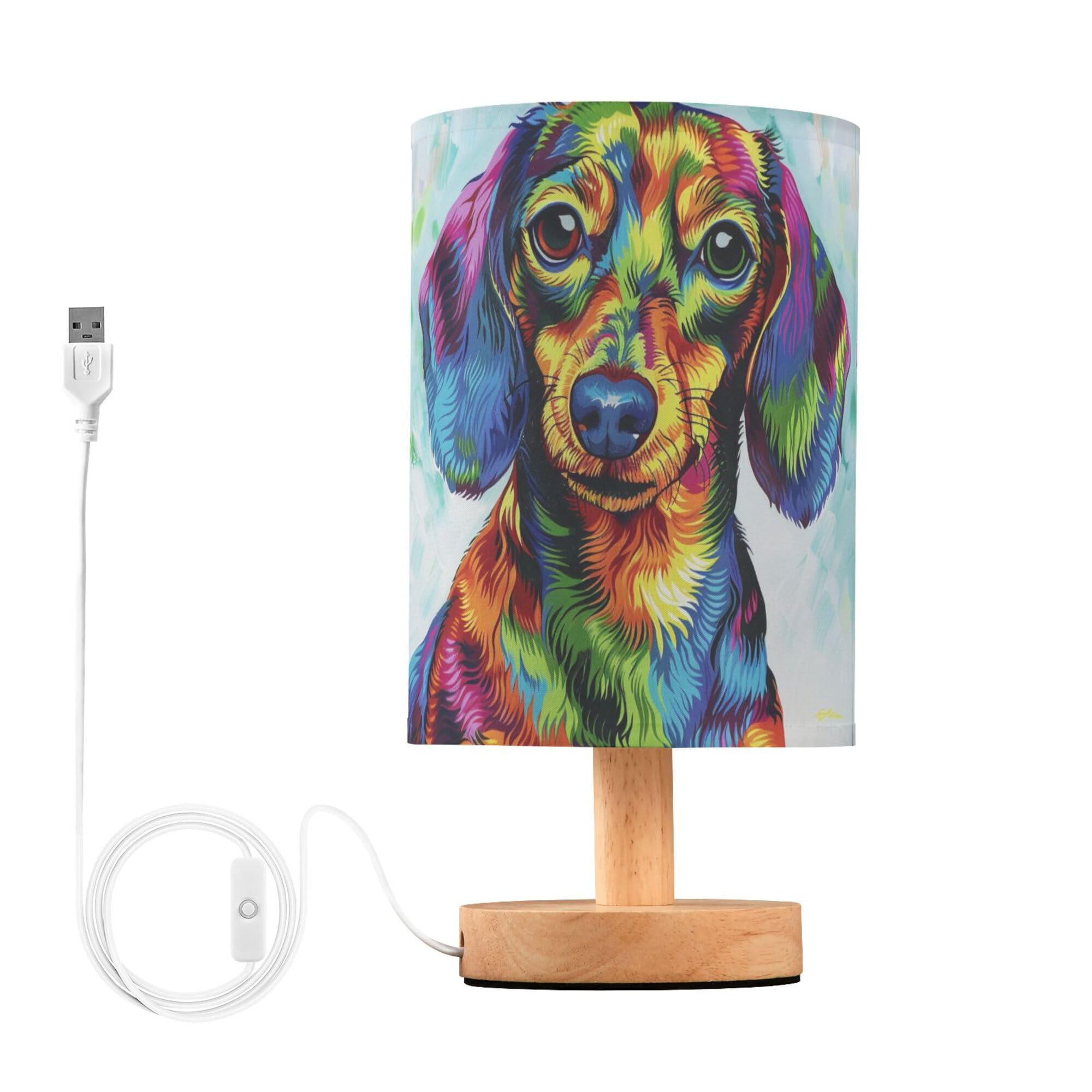 YYZZH Table Lamp Colorful Dachshund Puppy Nightstand Lamp with Wood Base Fabric Lamp Shade Bedside Desk Lamp for Living Room Bed