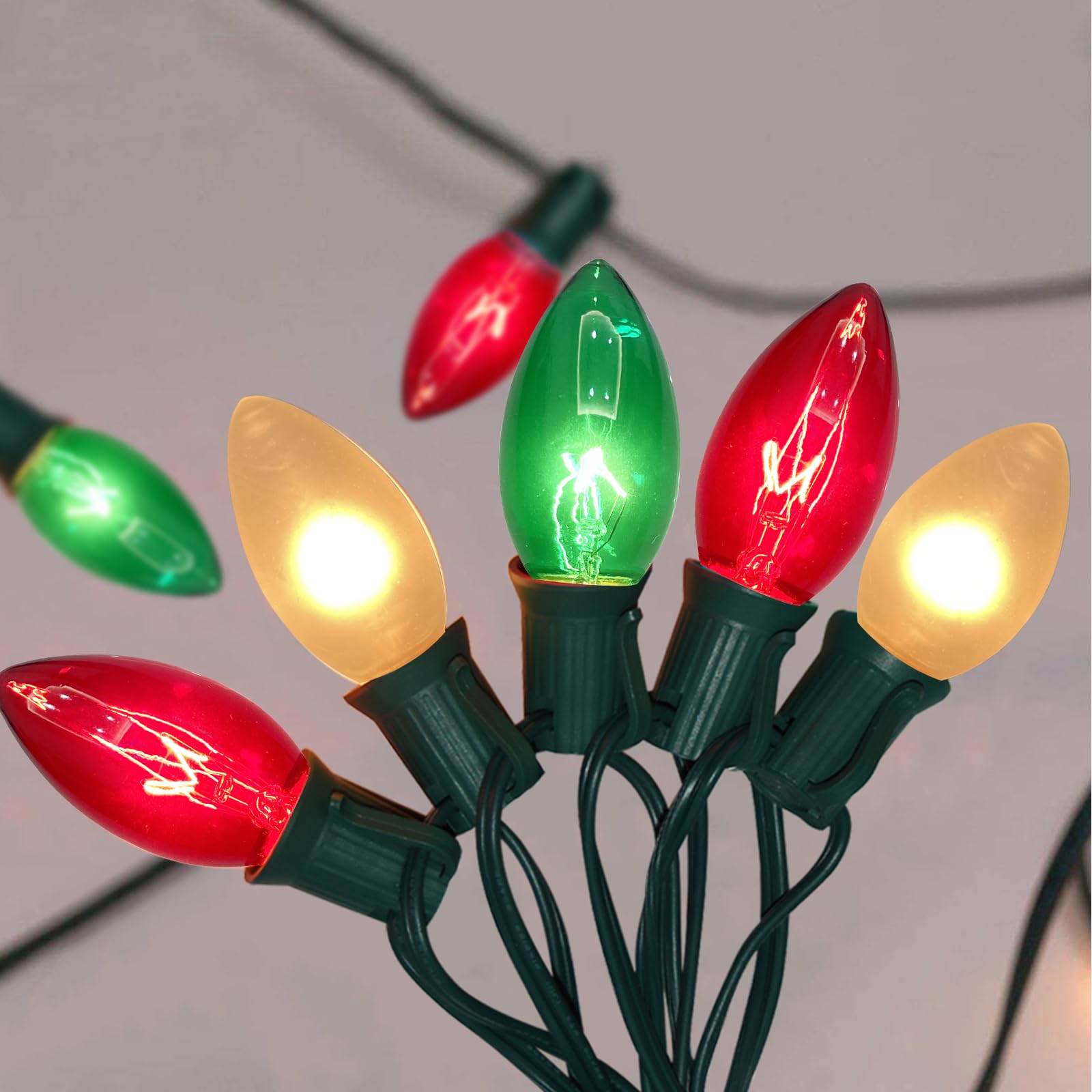 GOOTHY C9 Christmas Lights Outdoor, 25FT Vintage with 26 Clear Multicolor Bulbs, Red/White/Green Glass Decor