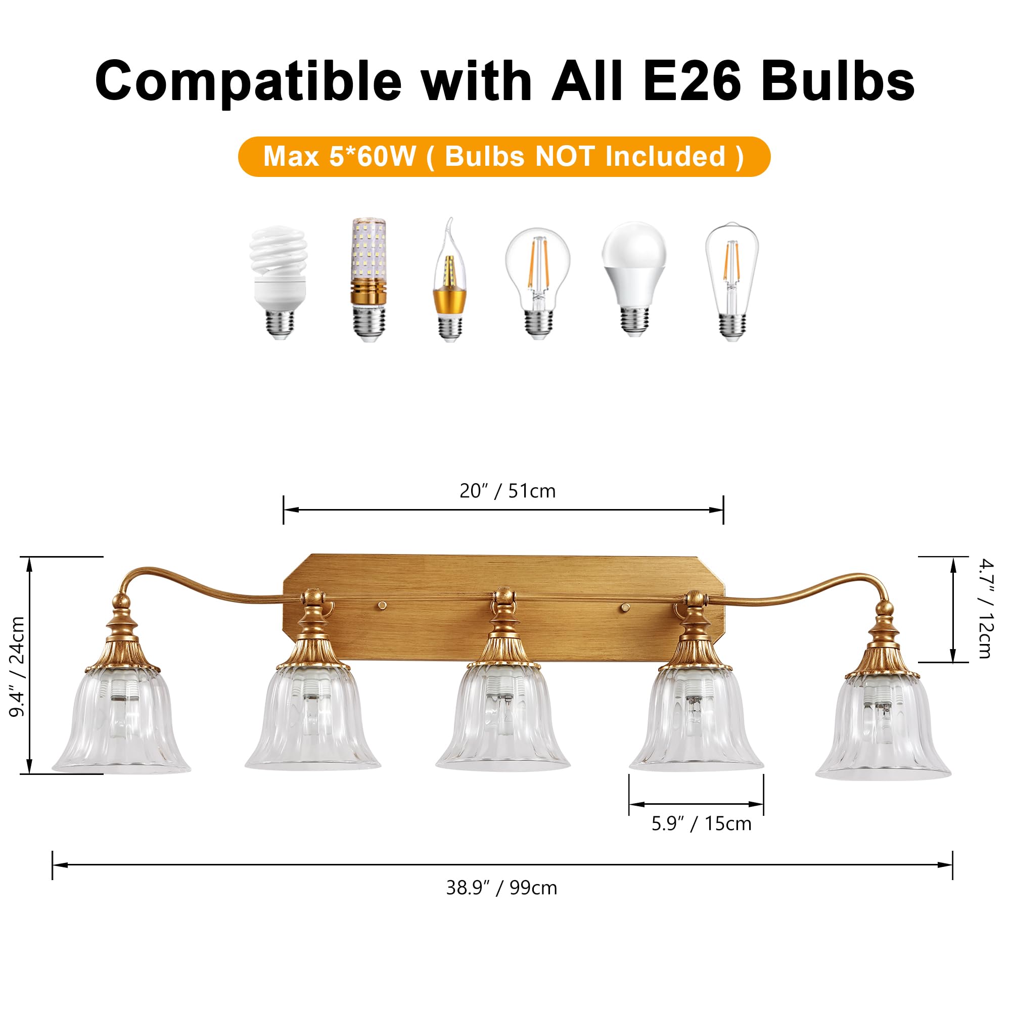 LmnLvn 5-Light Bathroom Vanity Light Fixture, Gold Antique Brass with Crystal Glass Shade, Vintage Style, Model 79942f95-764d-4684-8c61-486