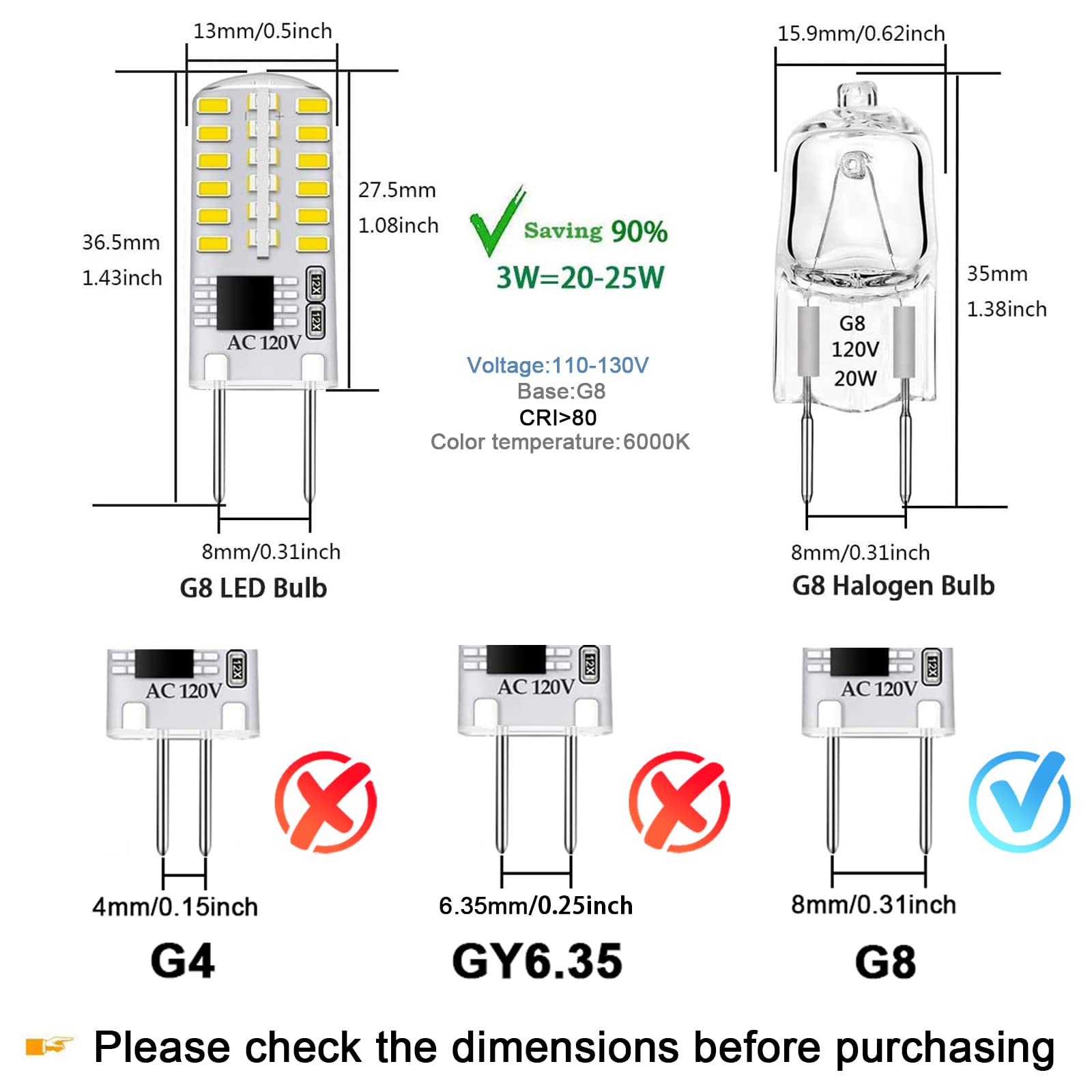 G8 Led Bulb Dimmable 3W Equivalent To T4 Jcd Type Bi-Pin G8 Base Halogen Bulb 20W-25W, Ac 110-120V Mini G8 Bulb Daylight White 6000K For Under Cabinet Light, Under Counter Kitchen Lighting (10 Pack)