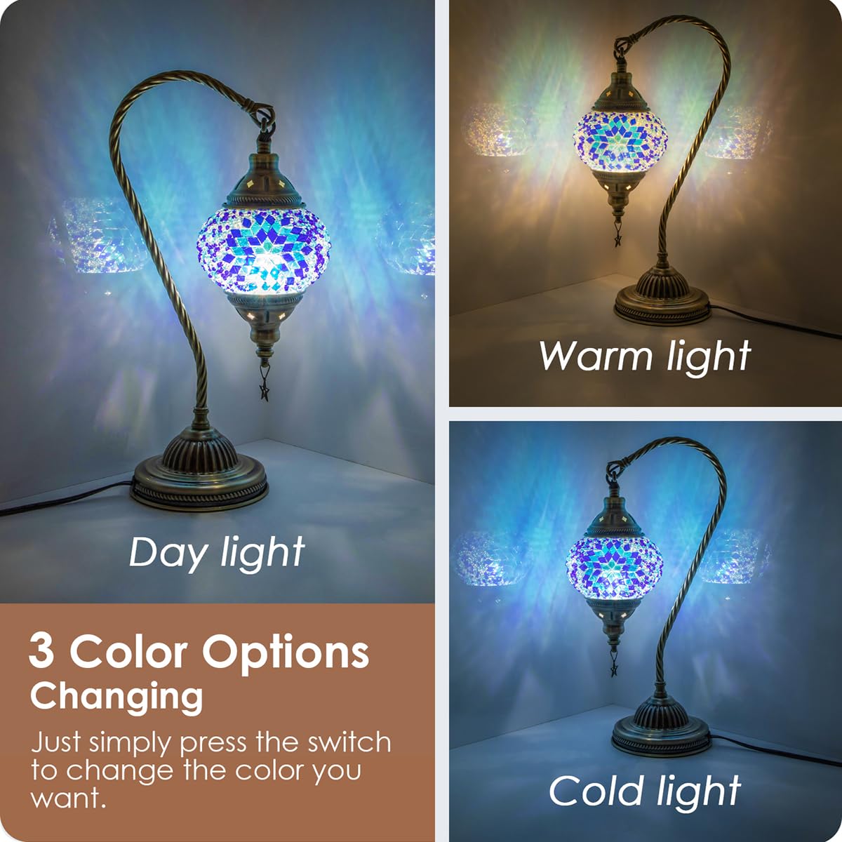 Yarra-Decor Turkish Moroccan Lamp - Handmade Mosaic Glass, Bronze Base, LED Included, Blue2 Color Option