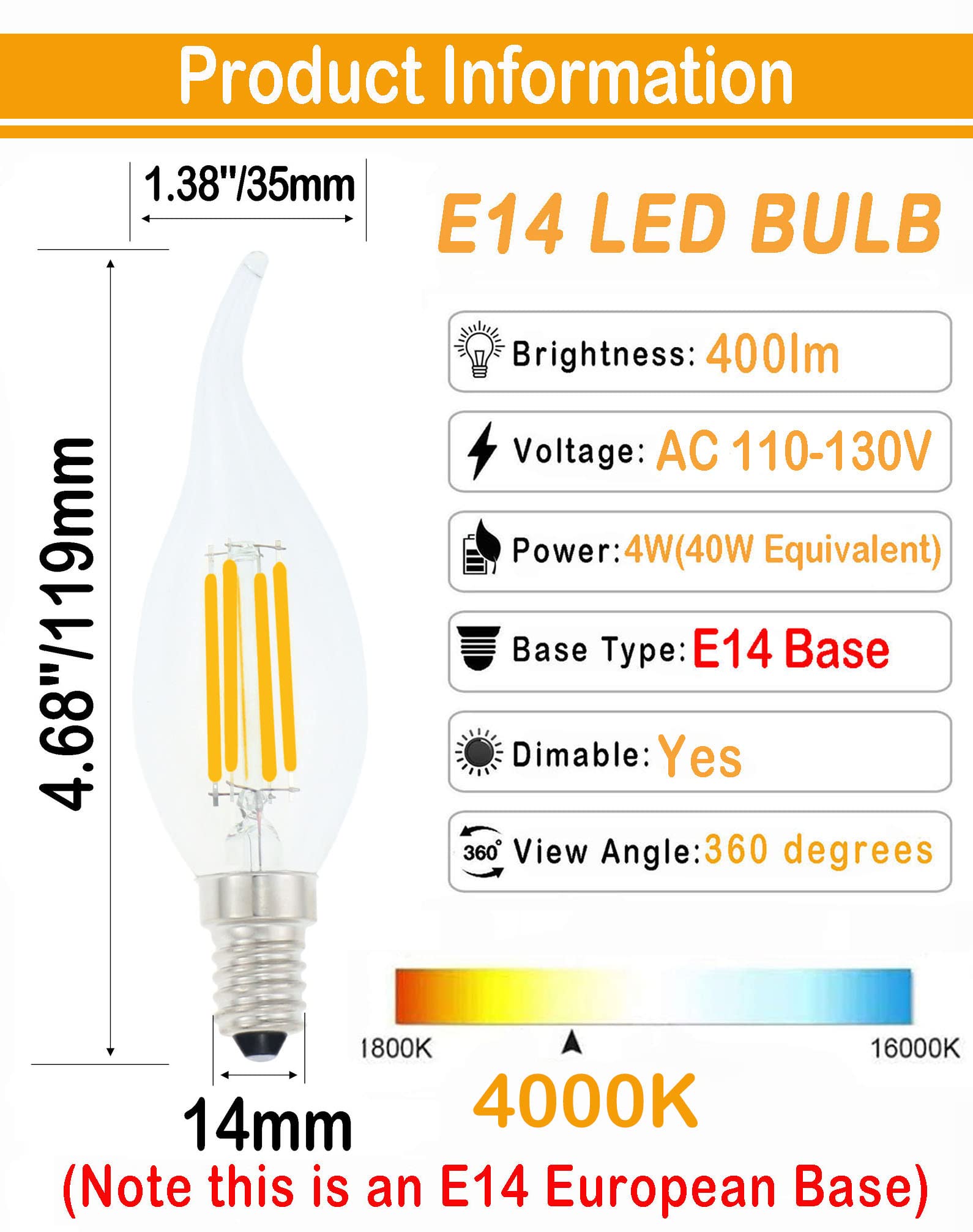 Lamsky E14 Led Bulb European Base 4W Led Chandelier Light Bulbs Dimmable 40W Equivalent,Flame Tip Candelabra Led Bulbs,110V 4000