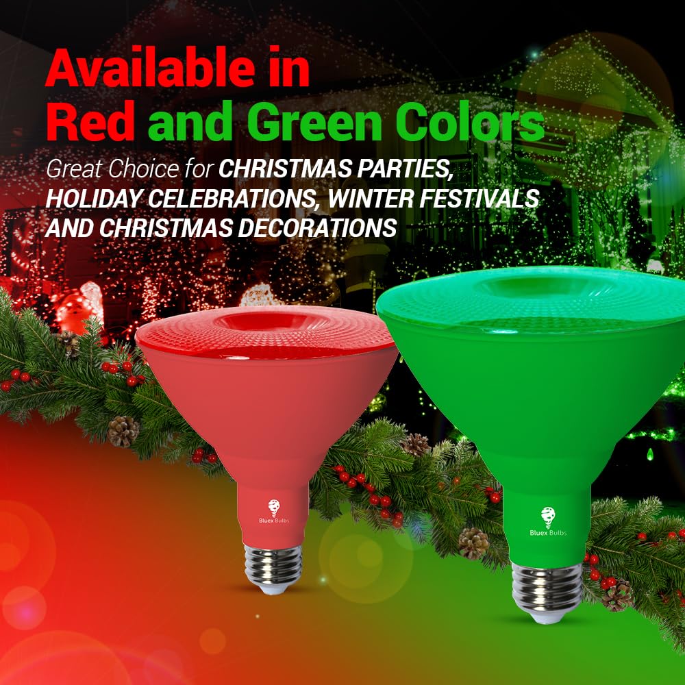 Bluex Bulbs 4 Pack PAR38 LED Flood Light - Dimmable Green Red 18W Lights for Party, Porch, Home Christmas Decor
