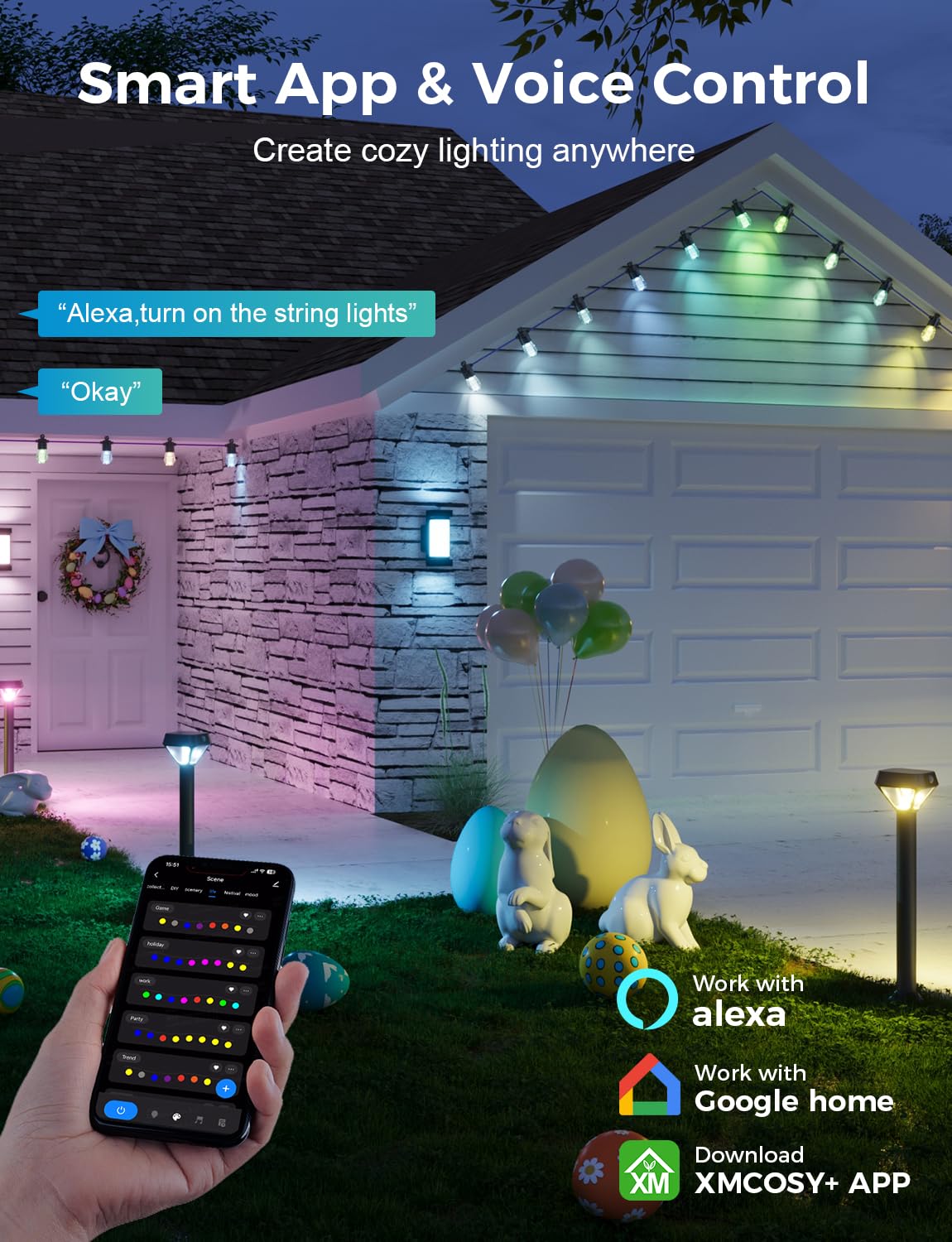 Xmcosy+ 48Ft Smart Outdoor String Lights - Rgbcwic Dimmable Acrylic Bulbs, Color Changing Led Patio Light App Wifi Control, Work