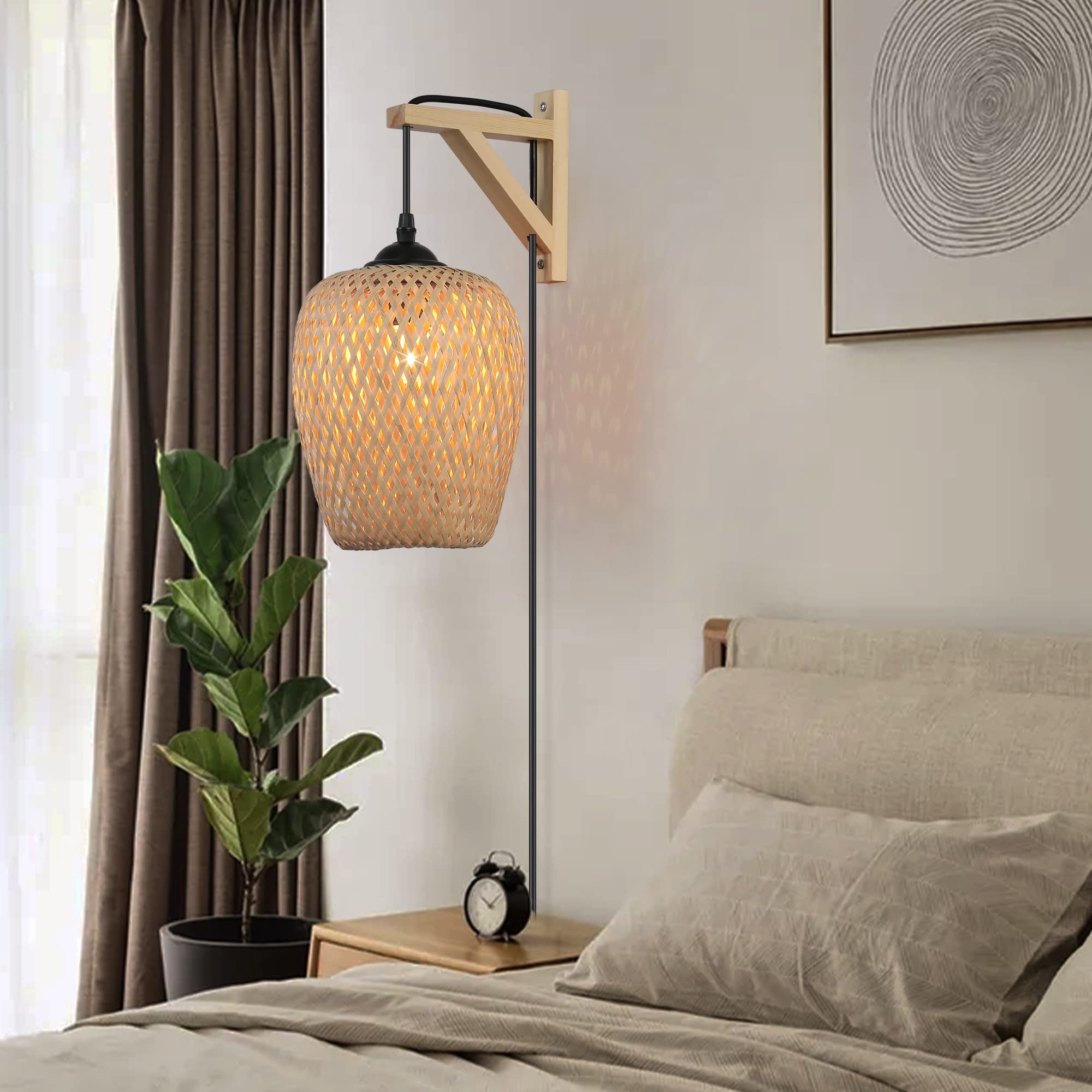 Sunllok Modern Bamboo Wall Light With Switch - Plug In Hanging Wall Mounted Lamp Rustic Woven Bird Nest Rattan Lampshade, Indoor Wood Base Wall Sconces For Living Room, Kitchen Island, Restaurant