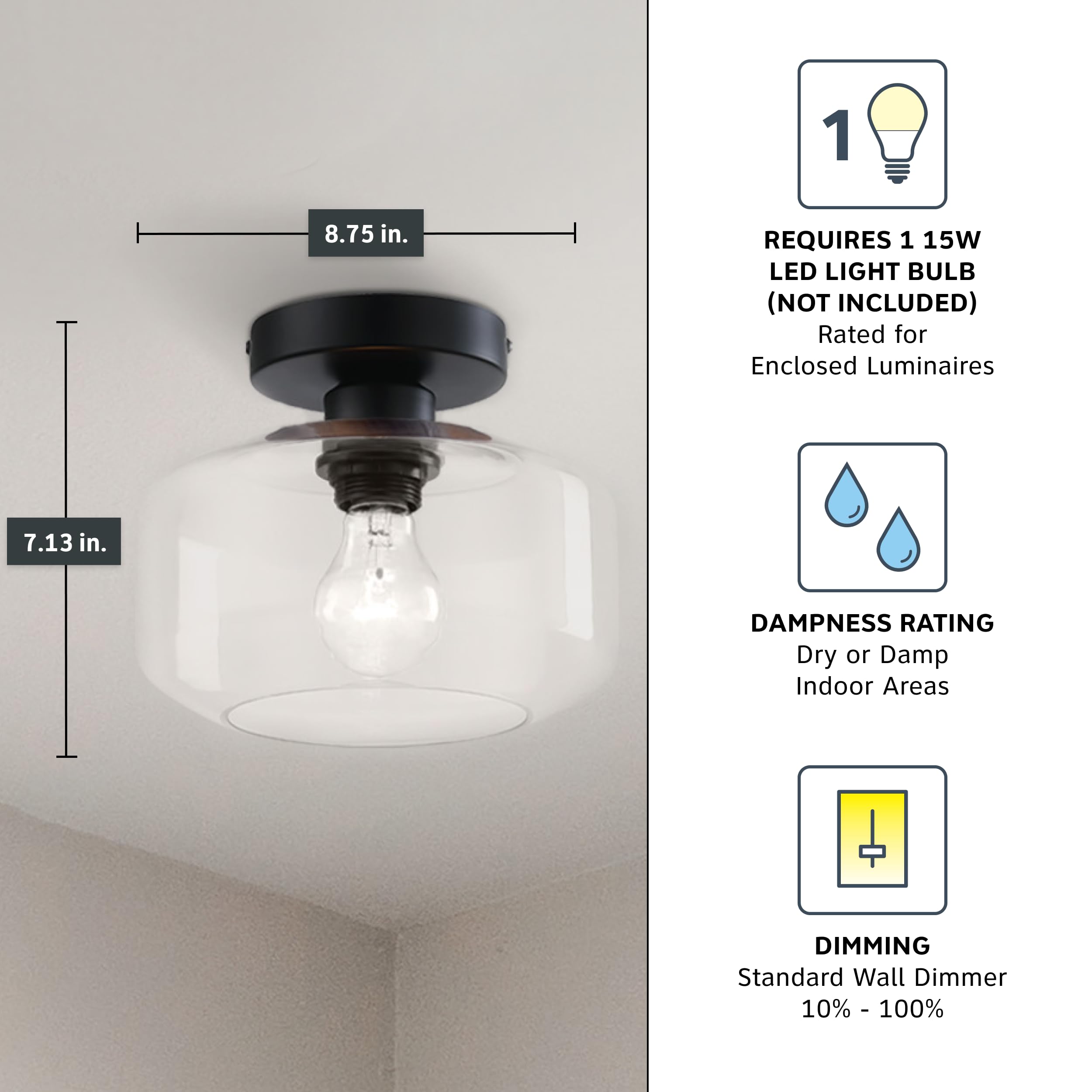 DESIGNERS FOUNTAIN Semi Flush Mount Ceiling Light, 8.75 Inch, Matte Black, Alloy Steel, Model D335M-SF-MB