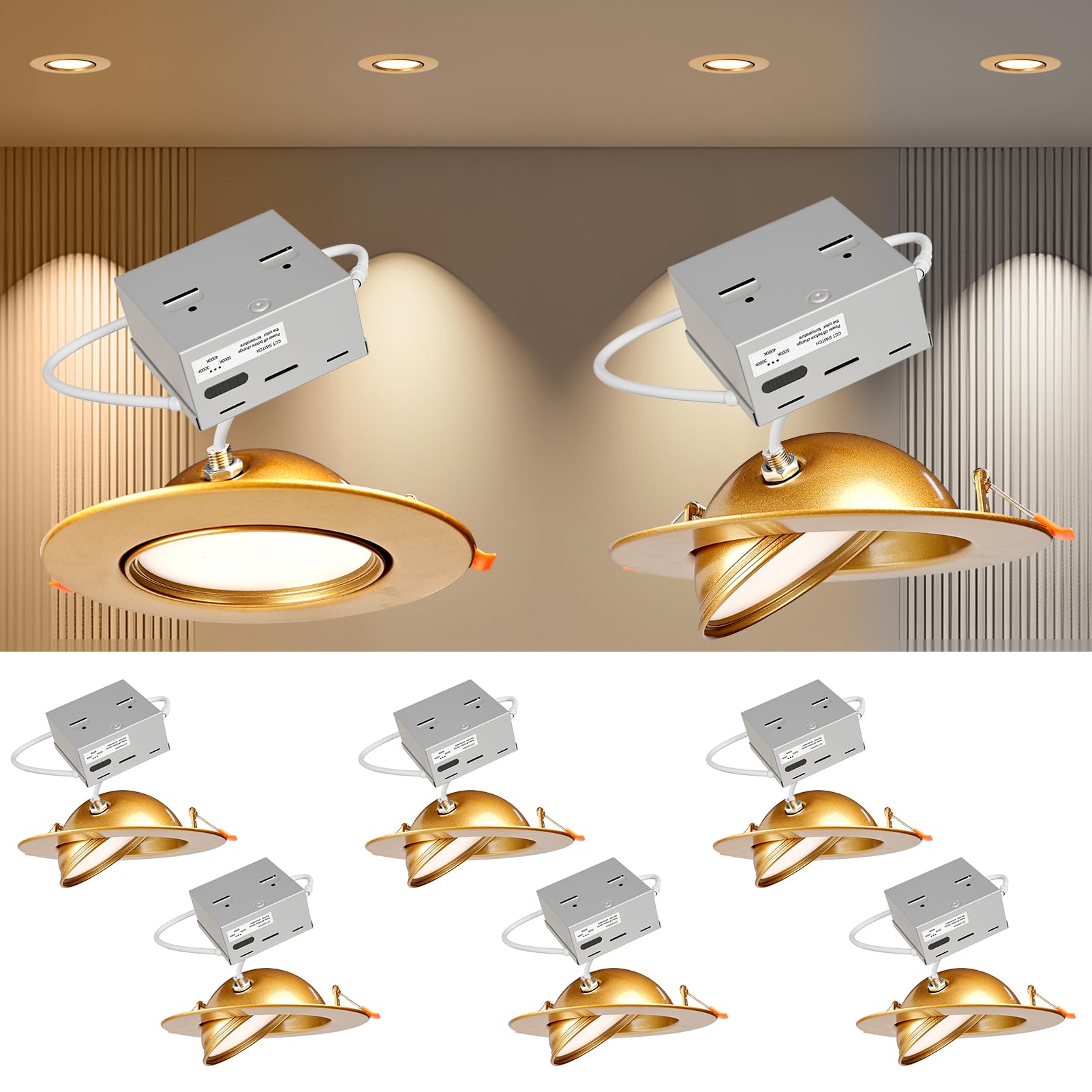 Lightdot 6 Pack 6 Inch Led Gimbal Recessed Lighting  360+90 Adjustable  3Cct Selectable & Dimmable (5%-100%)  1300Lm Ultra Bright Canless Downlight  Etl/Fcc Certified For Living Room/Kitchen-Gold