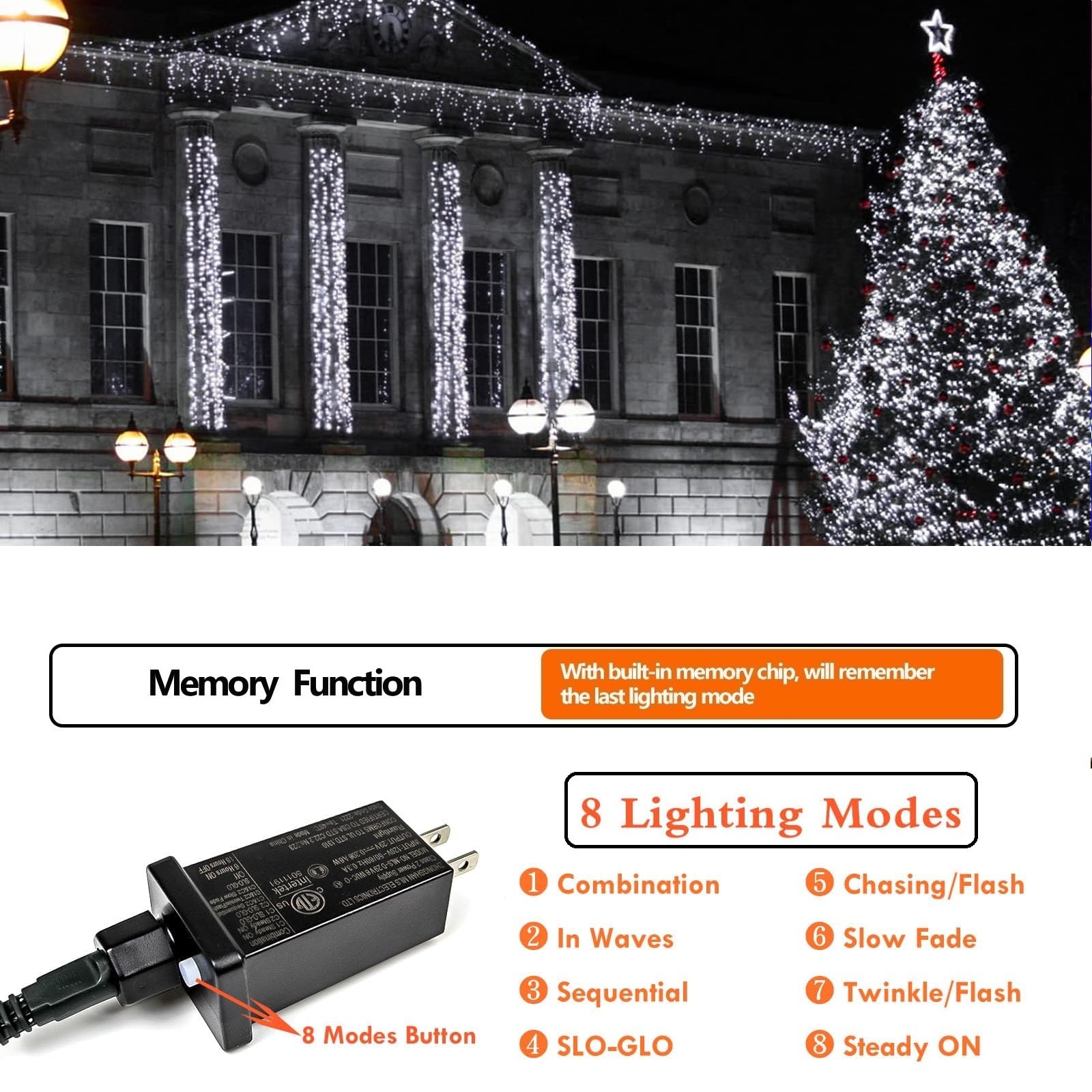 SANJICHA 2-Pack 66FT 200 LED White Christmas String Lights, 8 Modes, Indoor Outdoor, Green Wire, Cool White