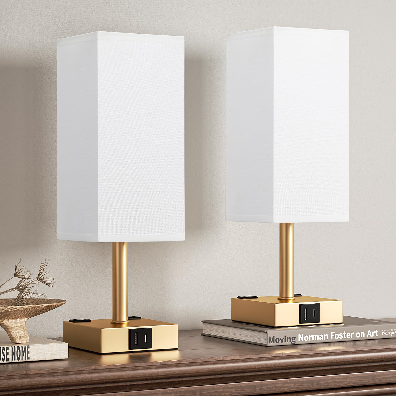 Aooshine Gold Base Touch Lamps Set Of 2 - Nightstand Lamp With Usb-C + A Charge Ports & Ac Outlets, 3-Way Dimmable Bedside Lamp,