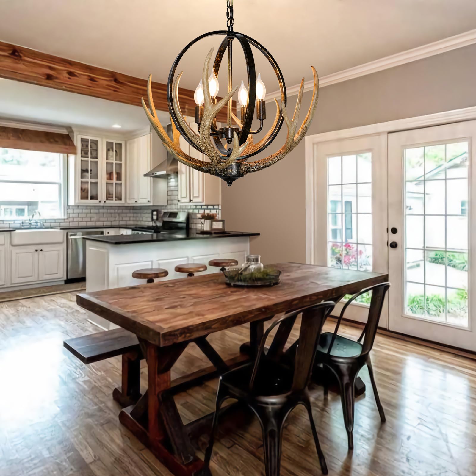 Debemenes Antler Chandelier 4 Lights, 20" Rustic Farmhouse Chandelier With Resin 4 Antlers And Retro Metal Globe Chandeliers Vintage Style For Dining Room, Kitchen, Entryway, Living Room
