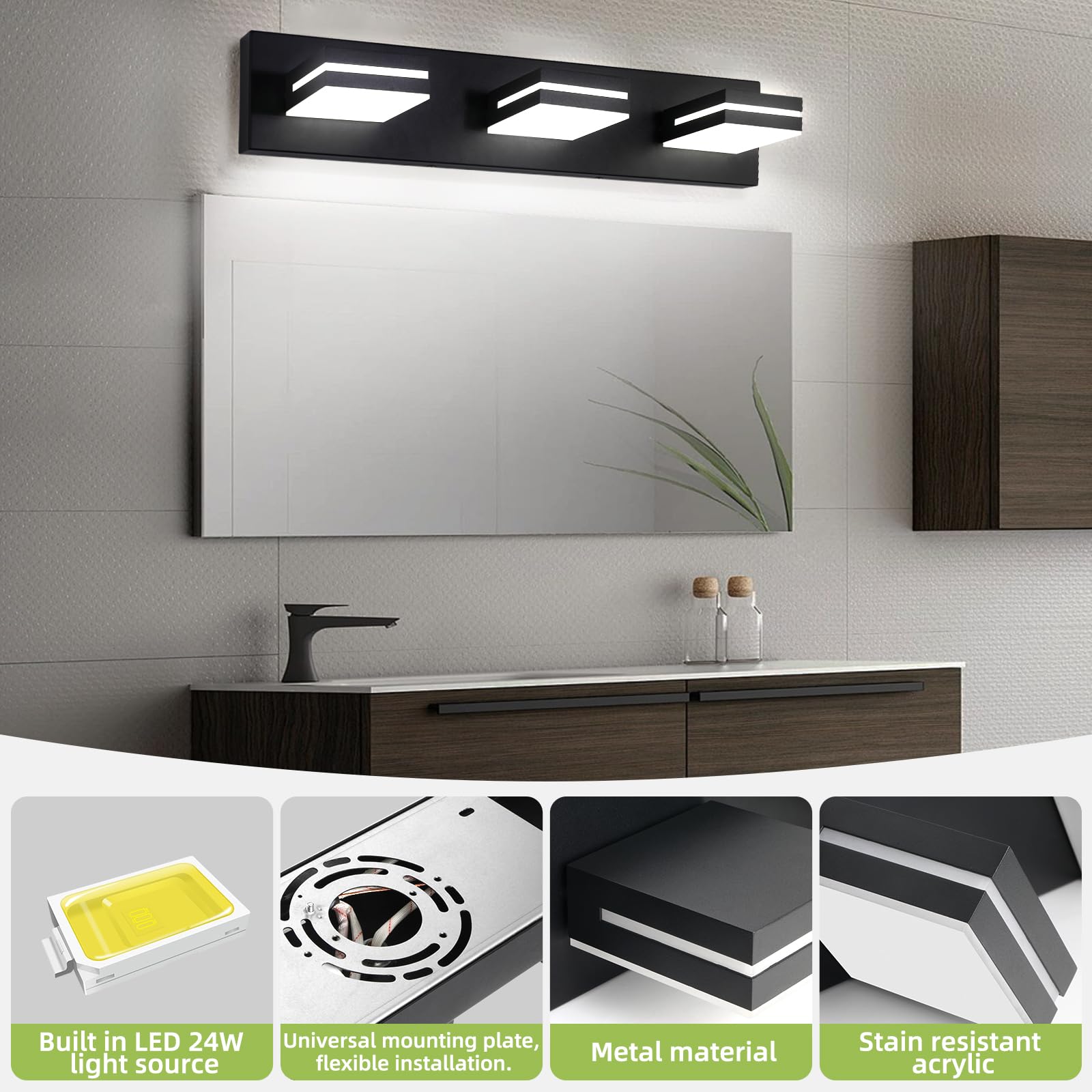 OKELI 3-Light Bathroom Vanity Light Fixture, Dimmable LED, Adjustable 350°, Matte Black, 24 Inch, ETL Listed, Modern Design