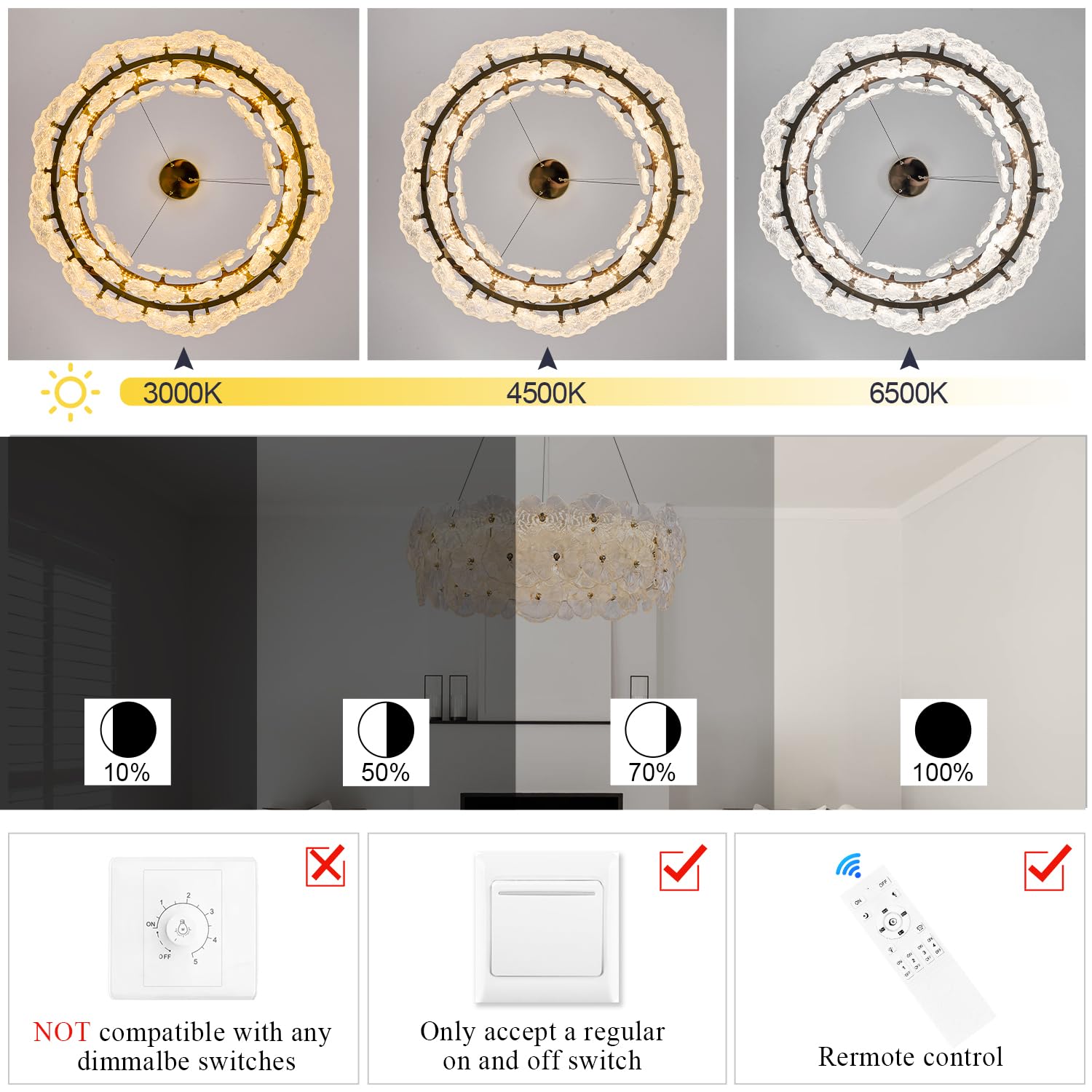 Poemoon 30" Luxury Glass LED Chandelier, Gold-Lotus, Dimmable 3000-6500K, Remote Control, Model P56-800G1 for High Ceil