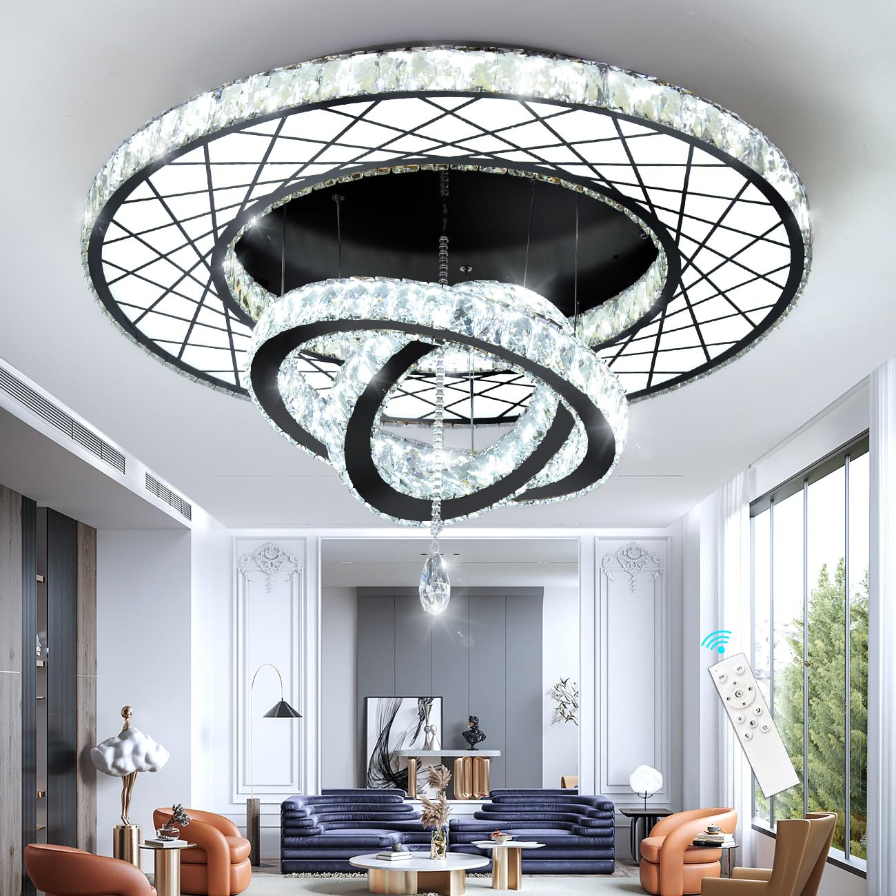 Haixiang Crystal Glam Chandelier Led Ceiling Light Living Room Lighting Fixtures Remote Dimmable Ceiling Chandeliers 32 Inches L