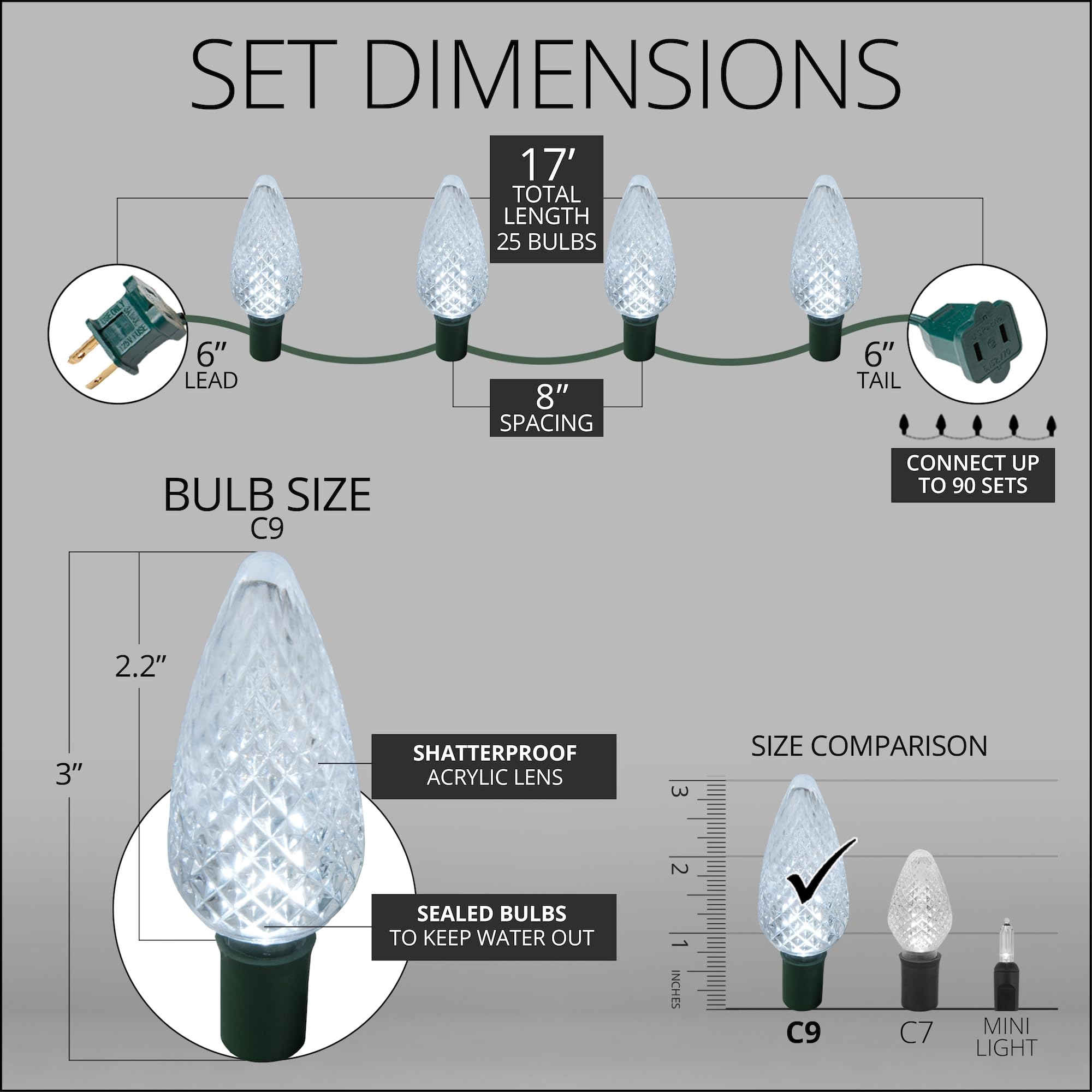 Wintergreen Lighting C9 LED Christmas Lights Set - 25 Cool White Lights, 17ft, Acrylic, Green Wire, Model IOS-4-25