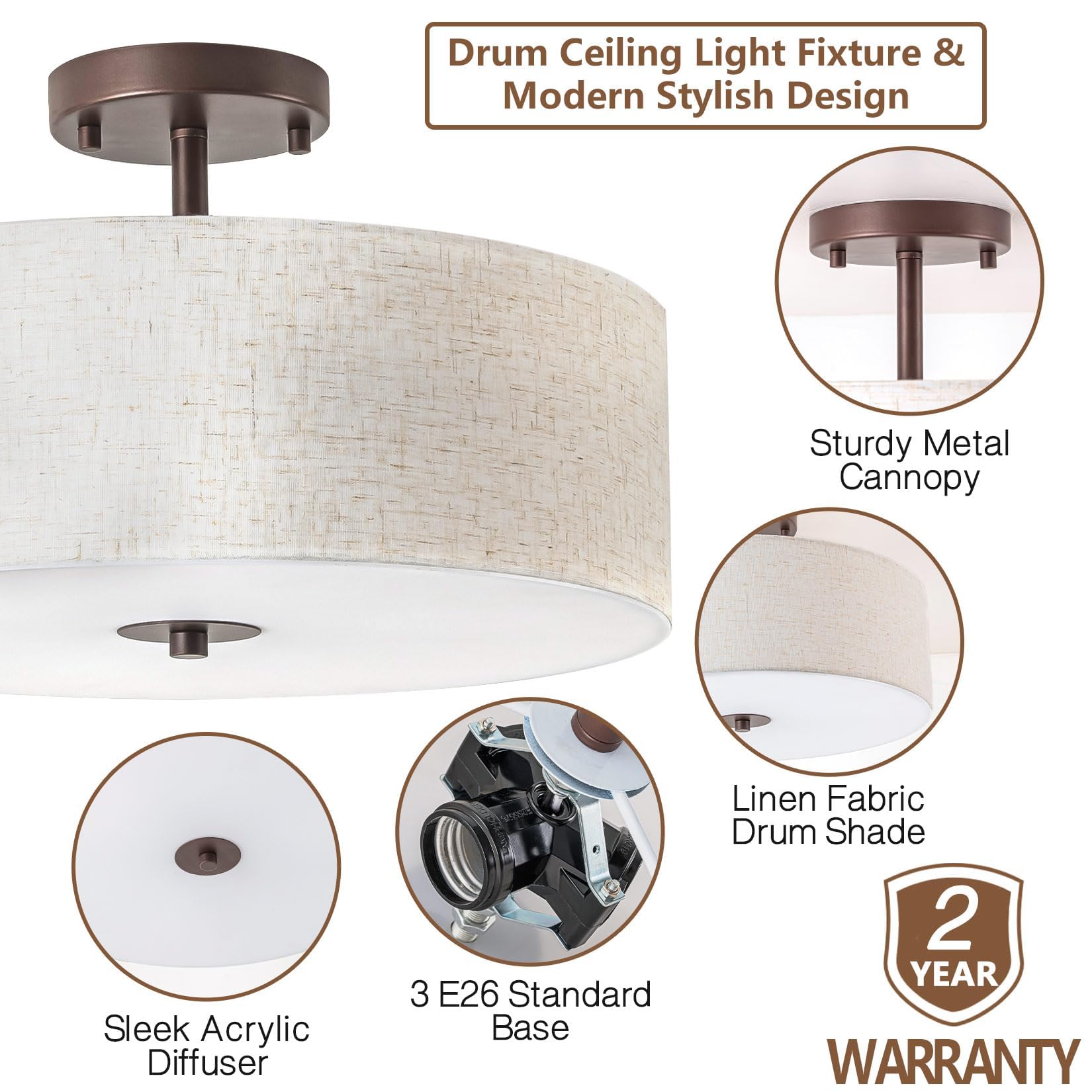 Bargeni Semi Flush Mount Ceiling Light Fixture,16 Inch Drum Flush Mount Ceiling Light,Modern Light Fixtures Ceiling Mount With O
