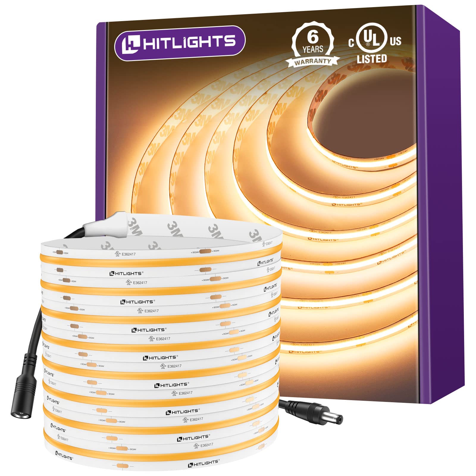 HitLights COB LED Strip Lights Warm White 2700K, 16.4ft Premium High Density 24V Tape Light, 2560 LEDs, 350+ LM/FT, CRI 90+, IP3