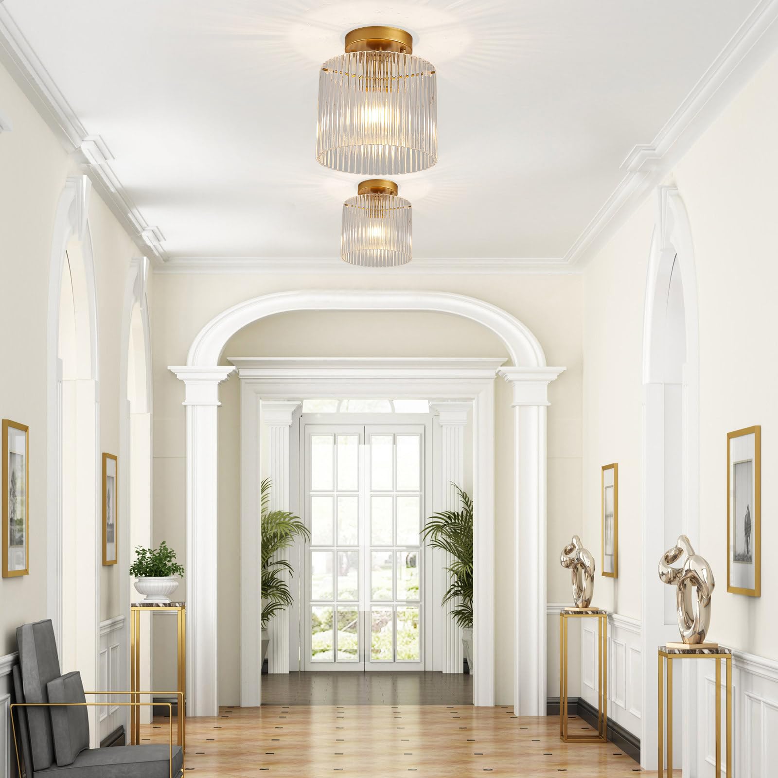 wochos Modern Semi Flush Mount Ceiling Light, Glass, Gold, Model JWY-J8026X, Ideal for Entryway, Hallway, Kitchen, Dining Room