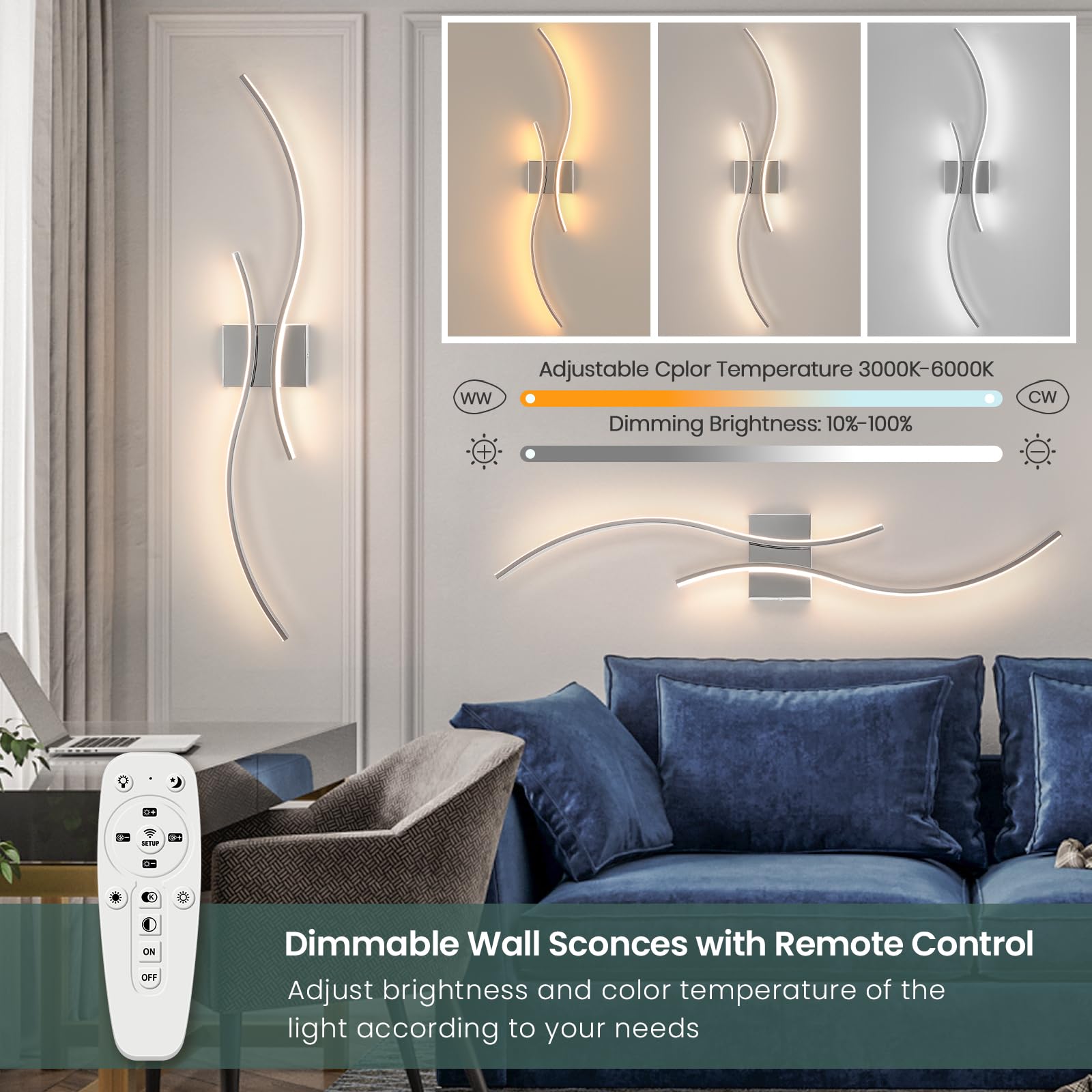 Caneoe Modern Wall Sconce Set Of Two With Remote Control, Dimmable Indoor Led Wall Sconce Lighting Set Of 2, 39 Inch Wall Light